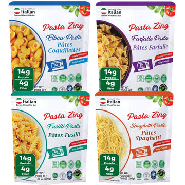 PASTA ZING Microwavable Pasta Variety Pack of 7 - 2x Elbow, 2x Farfalle, 2x Spaghetti, 1x Fusilli, 