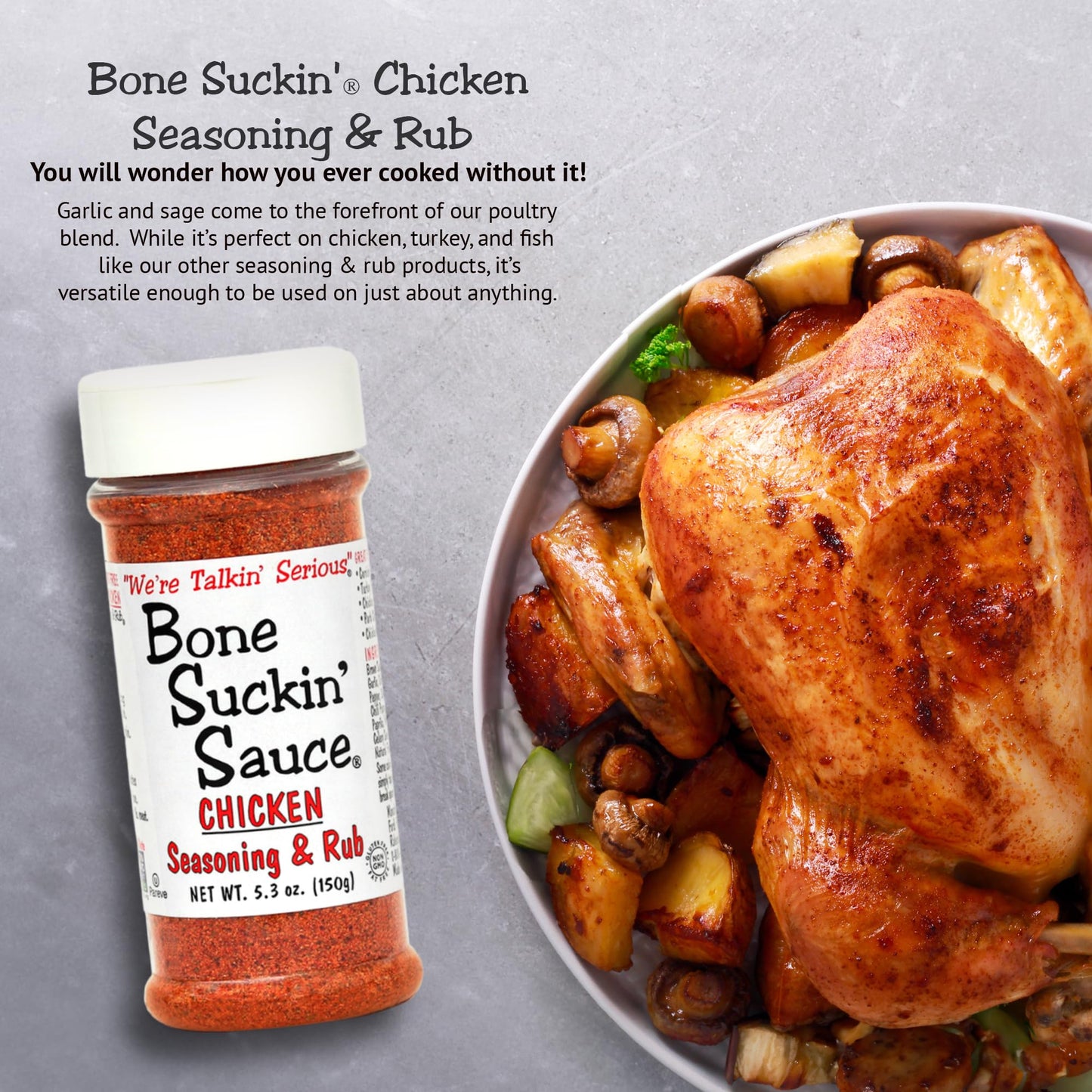 Bone Suckin Sauce Chicken Seasoning & Rub With Garlic & Sage, Perfect For Chicken, Turkey, Other Poultry, Fish - Brown Sugar, Garlic, Onion, Spices - Non-Gmo, Gluten-Free