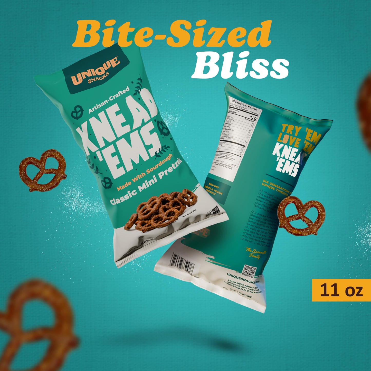 Unique Snacks Knead Ems Sourdough Mini Pretzels, Artisan Vegan Snack, Non-GMO, Kosher, 11 oz Bags, 3 Pack
