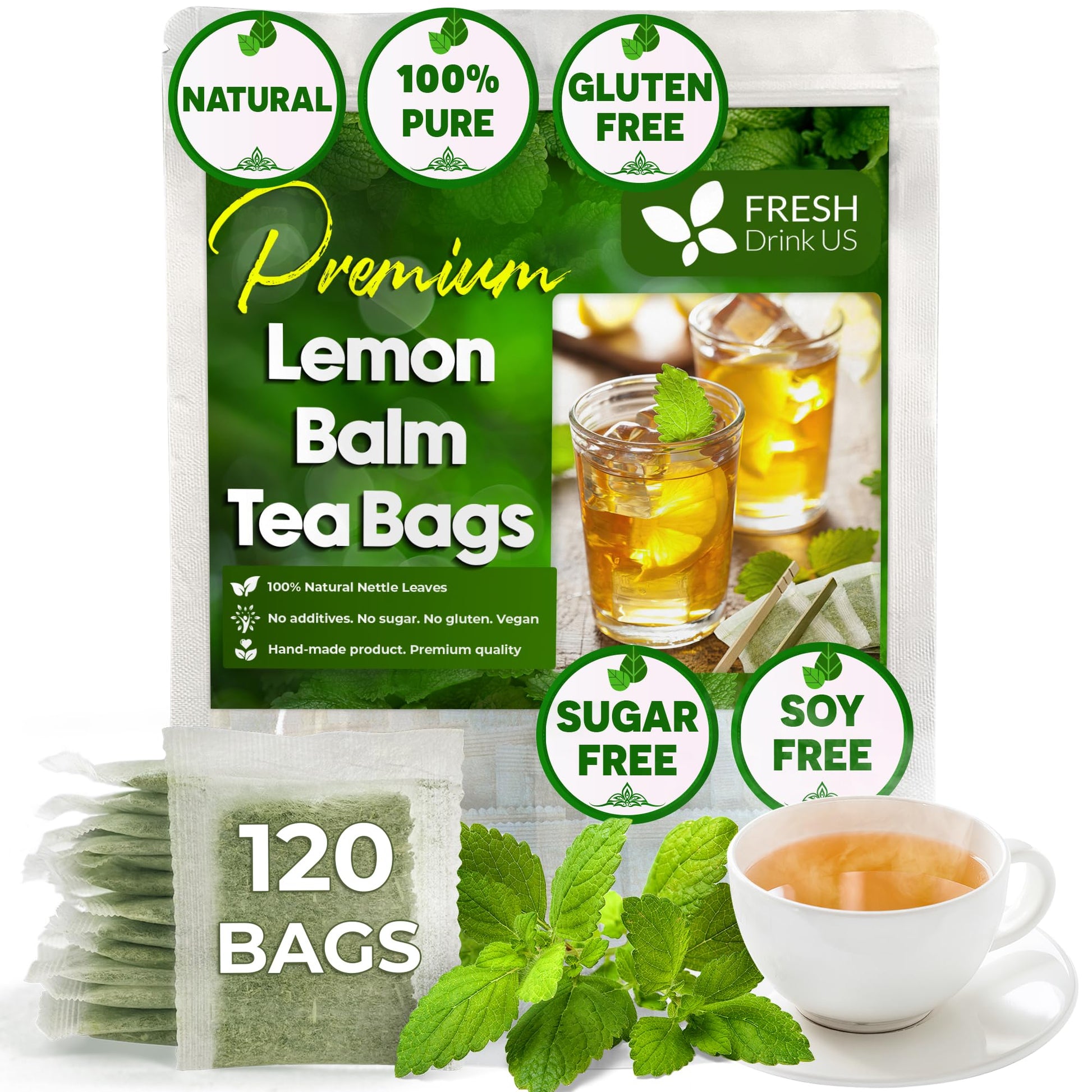FRESHDRINKUS Lemon Balm Leaf Tea Bags, 120 Count, 100% Natural, Caffeine-Free, Vegan, Herbal Tea