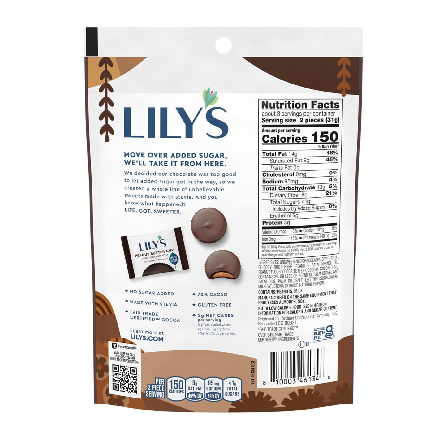 Lilys No Sugar Added Dark Chocolate Peanut Butter Cups, 3.2 oz, Brown