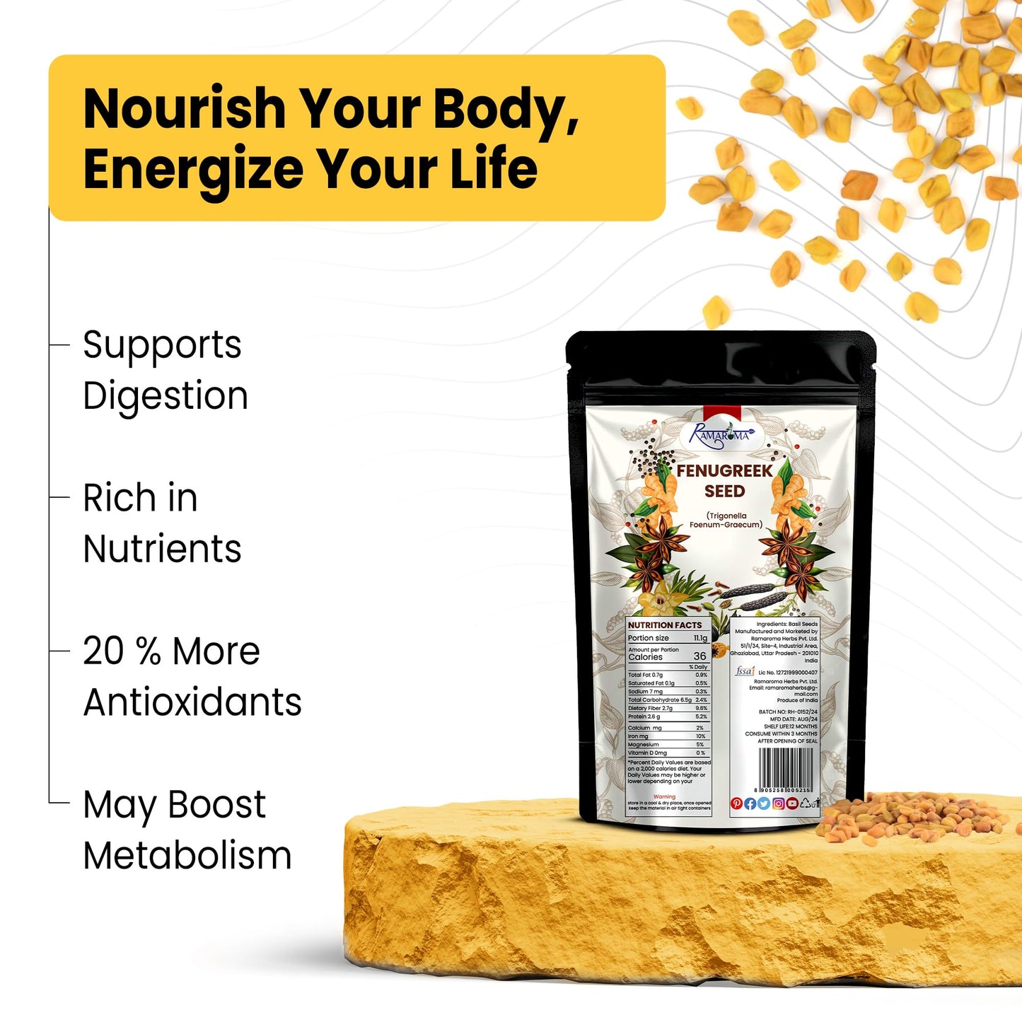 Ramaroma Fenugreek Seeds Whole, All Natural, Vegan, Gluten Friendly, Non-GMO, 5.1oz (144g) Jar, Yellow