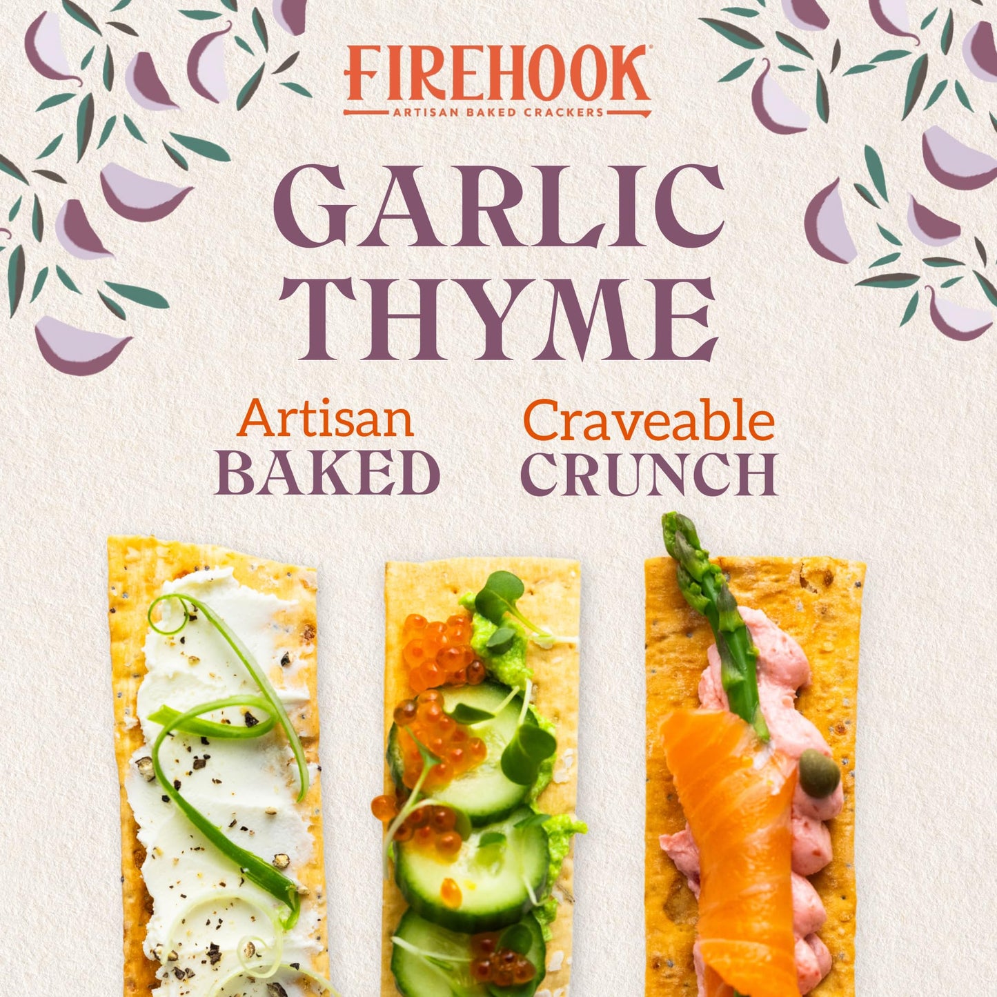 Firehook Garlic Thyme Crackers - Artisan Baked, Craveably Crunchy, Baked with Mediterranean Garlic & Thyme - Organic, Non-GMO, K