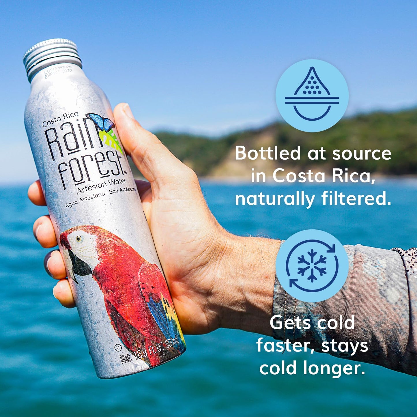 Rainforest Artesian Water  500mL Aluminum Bottles  Costa Rica enhanced Spring Water  Pallet of 88 Boxes - 1 056 Reusable Aluminum Bottles (500 ml / 16.9 oz Each) | Eco-Friendly & Sustainable Packaging
