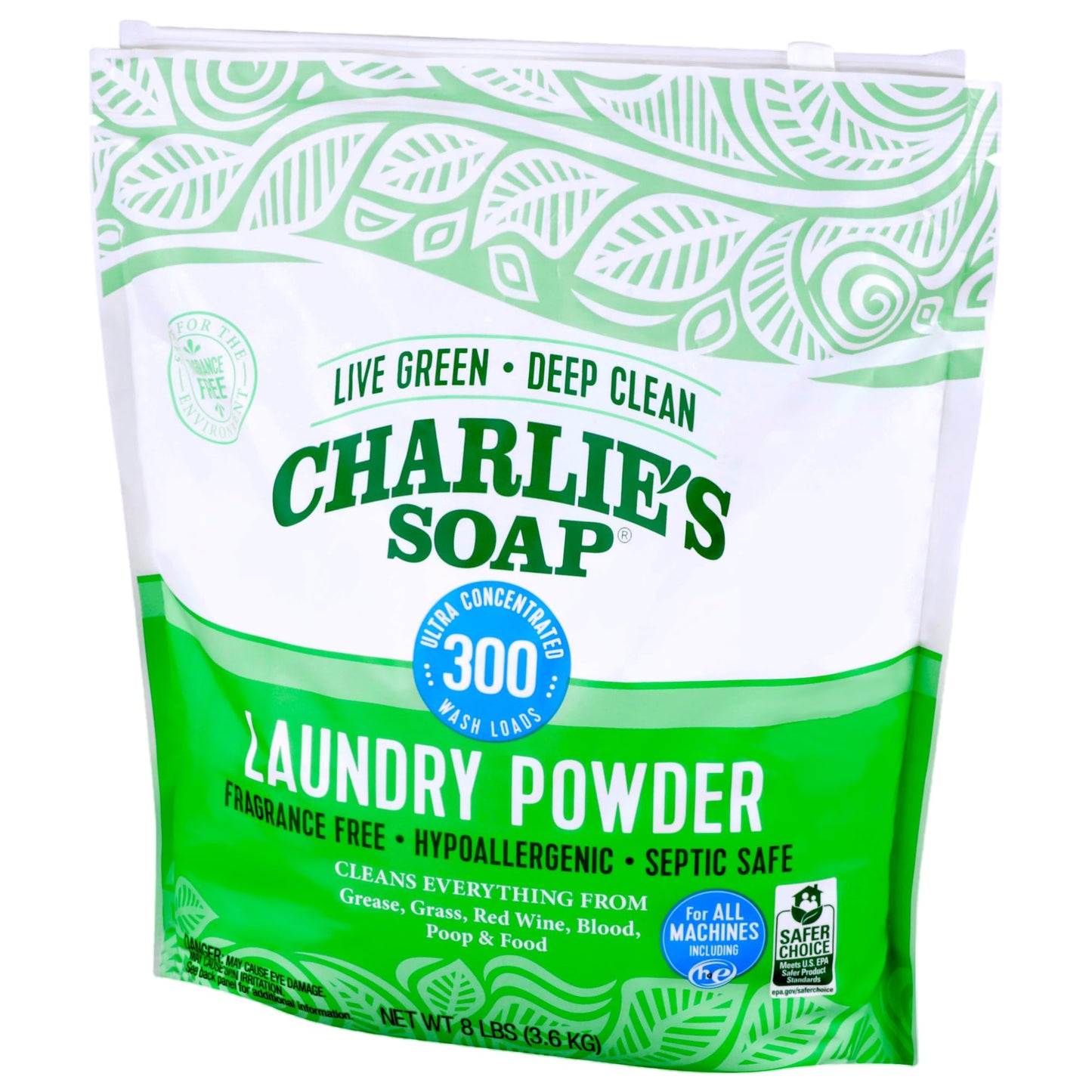 Charlies Soap Hypoallergenic Laundry Detergent Powder 8Lb Bag, Pack Of 4 (1200 Loads Total) Fragrance Free Plant Based Deep Clea