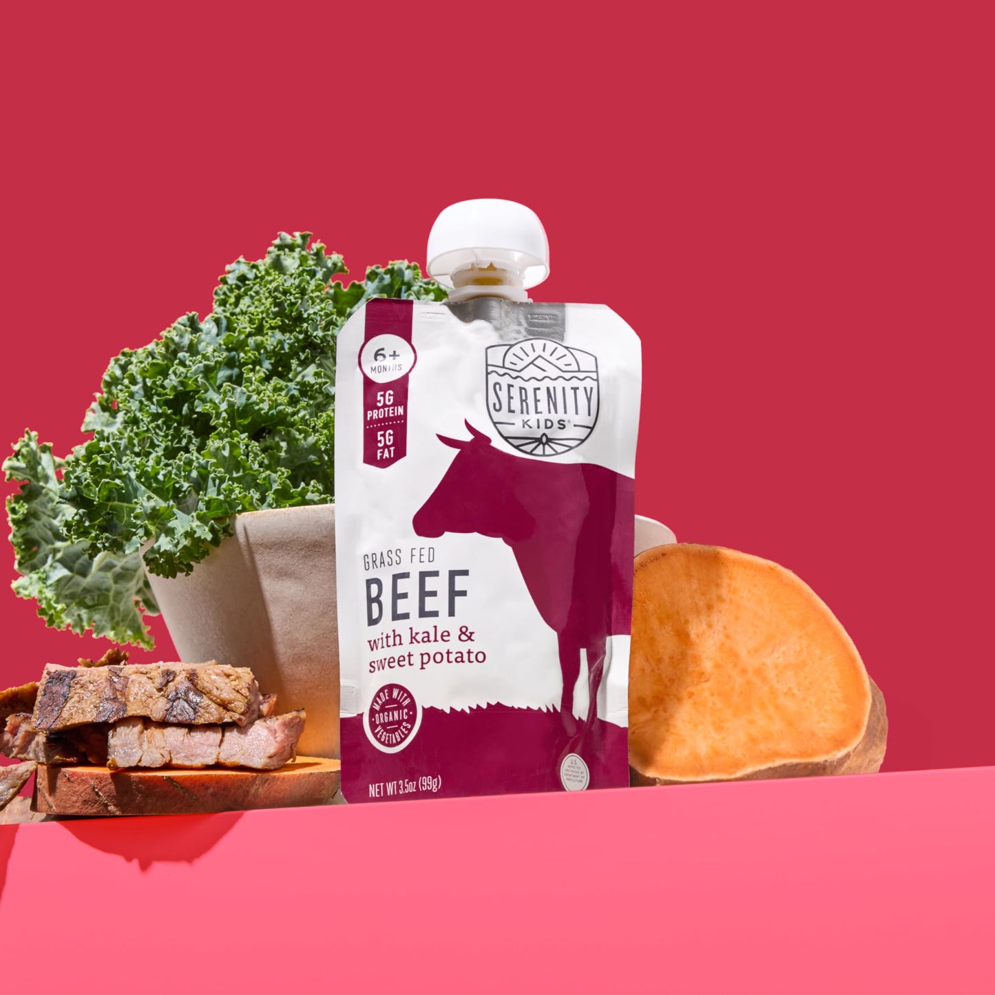 Serenity Kids 6+ Months Baby Food Pouches Puree Made With Ethically Sourced Meats & Organic Veggies | 3.5 Ounce Bpa-Free Pouch | Grass Fed Beef, Kale, Sweet Potato | 1 Count