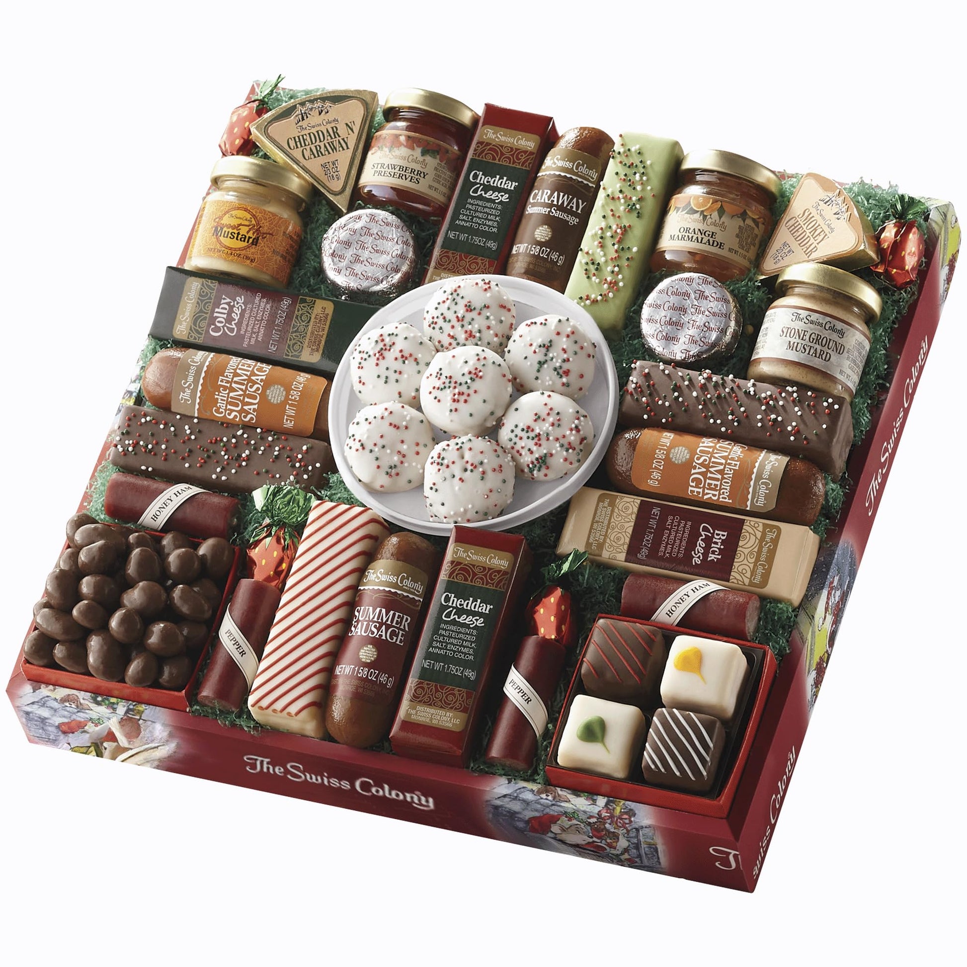 The Swiss Colony 27 Piece Food Gift Set - Summer Sausage, Cheeses, Chocolates, Holiday Red Box