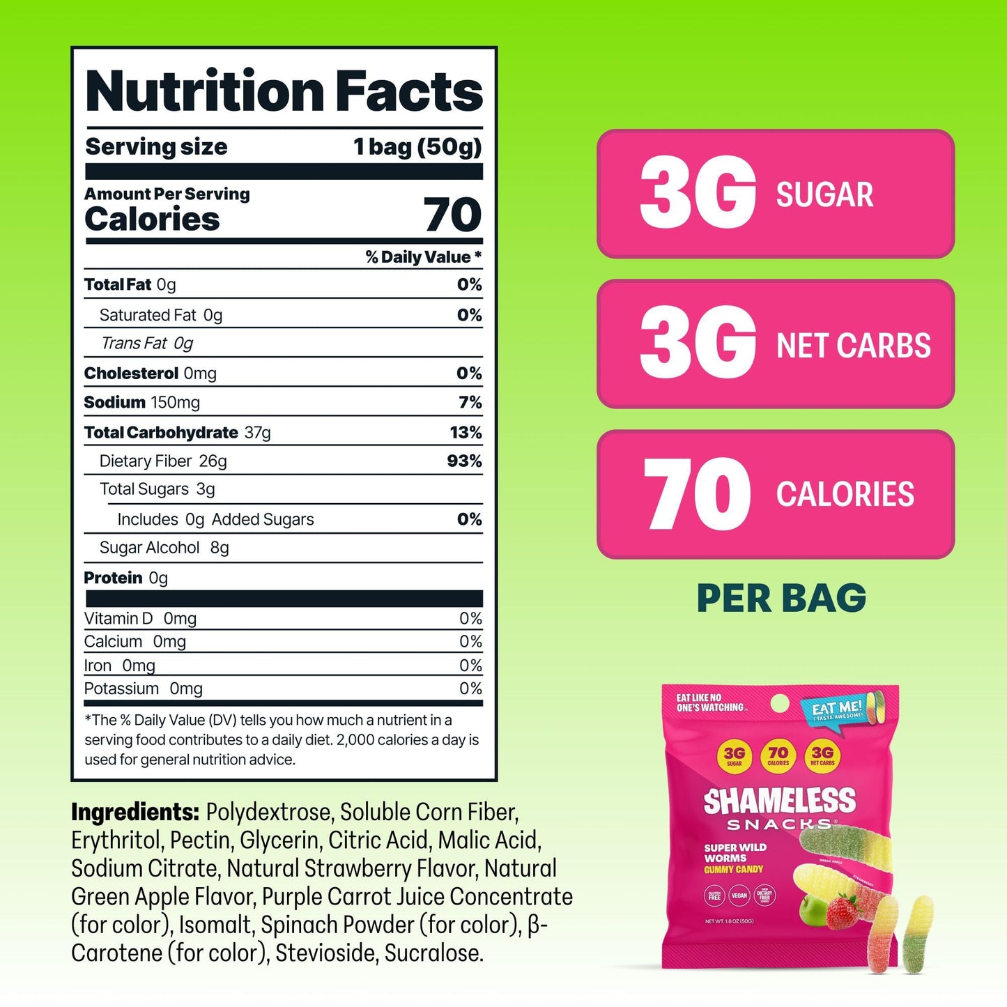 Shameless Snacks Healthy Low Calorie Snacks, Low Carb Keto Gummies (Gluten Free Candy) 6 Pack Wild Worms