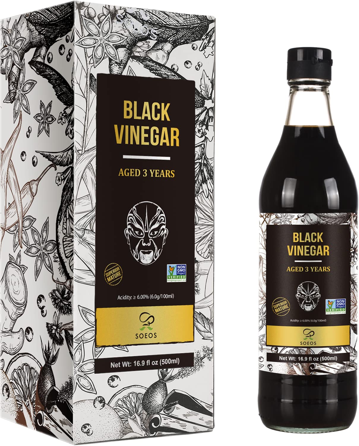 Soeos Chinkiang Vinegar 16.9 Fl Oz (500Ml), 3 Years Aged, Naturally Fermented, Mature Aged Black Vinegar, Chinese Black Vinegar, Zhenjiang Vinegar, Black Rice Vinegar, Black Vinegar Chinese.