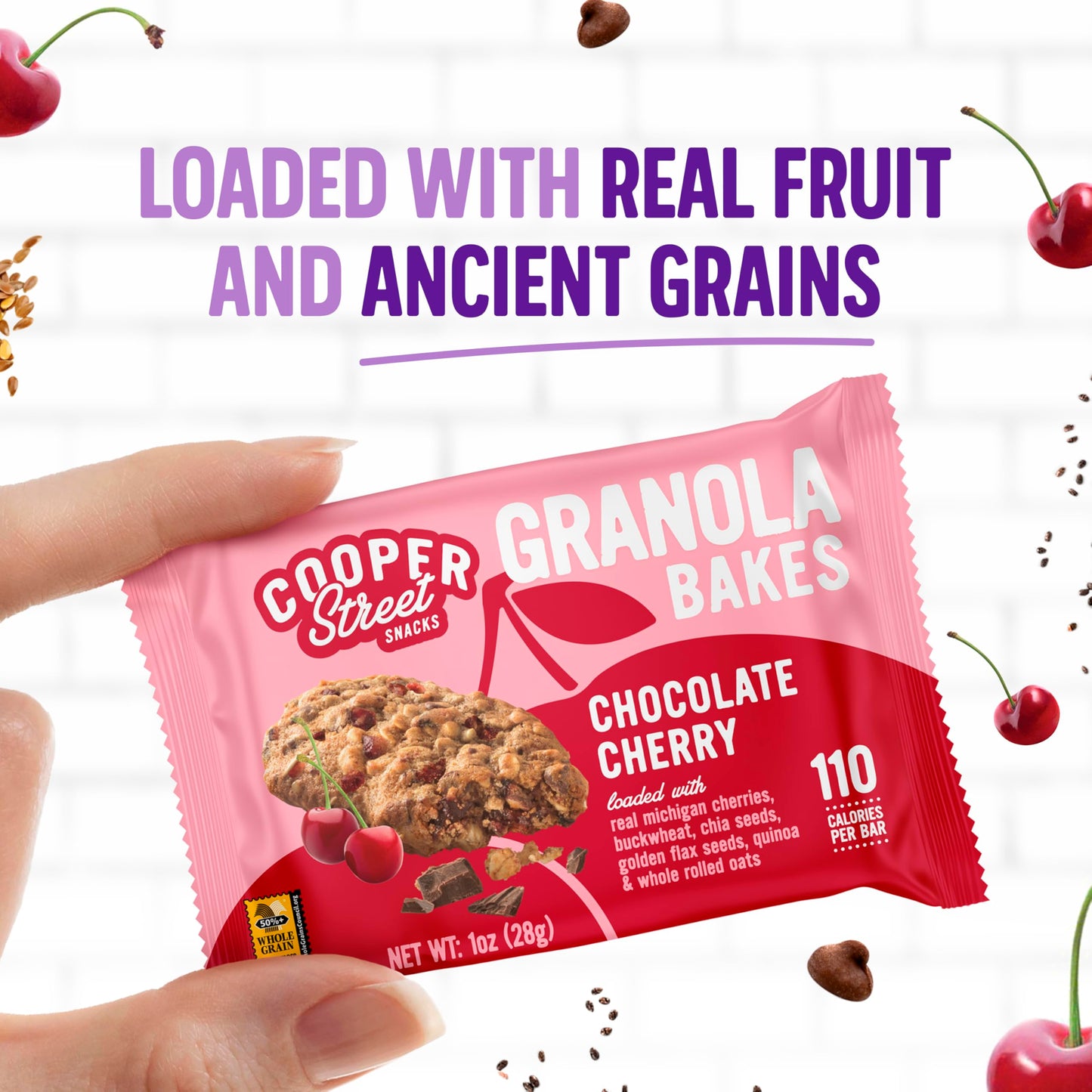 COOPER STREET Granola Bakes – Chocolate Cherry, Soft & Chewy, Low Sodium, 48 Count, Individually Wrapped, Nut & Dairy Free