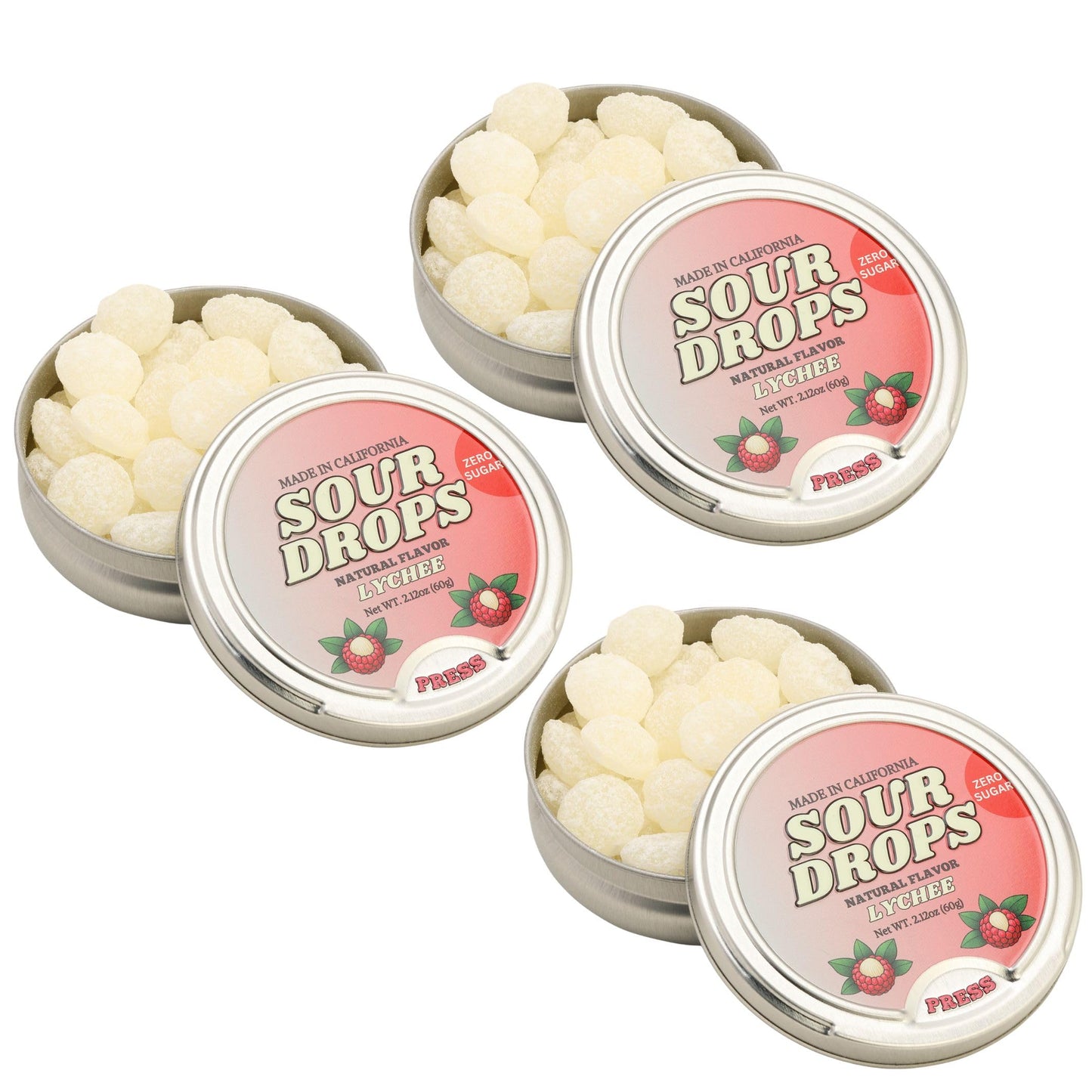 Sour Drops Zero Sugar Lychee Sour, No Artificial Dyes or Sweeteners - 3 Pack