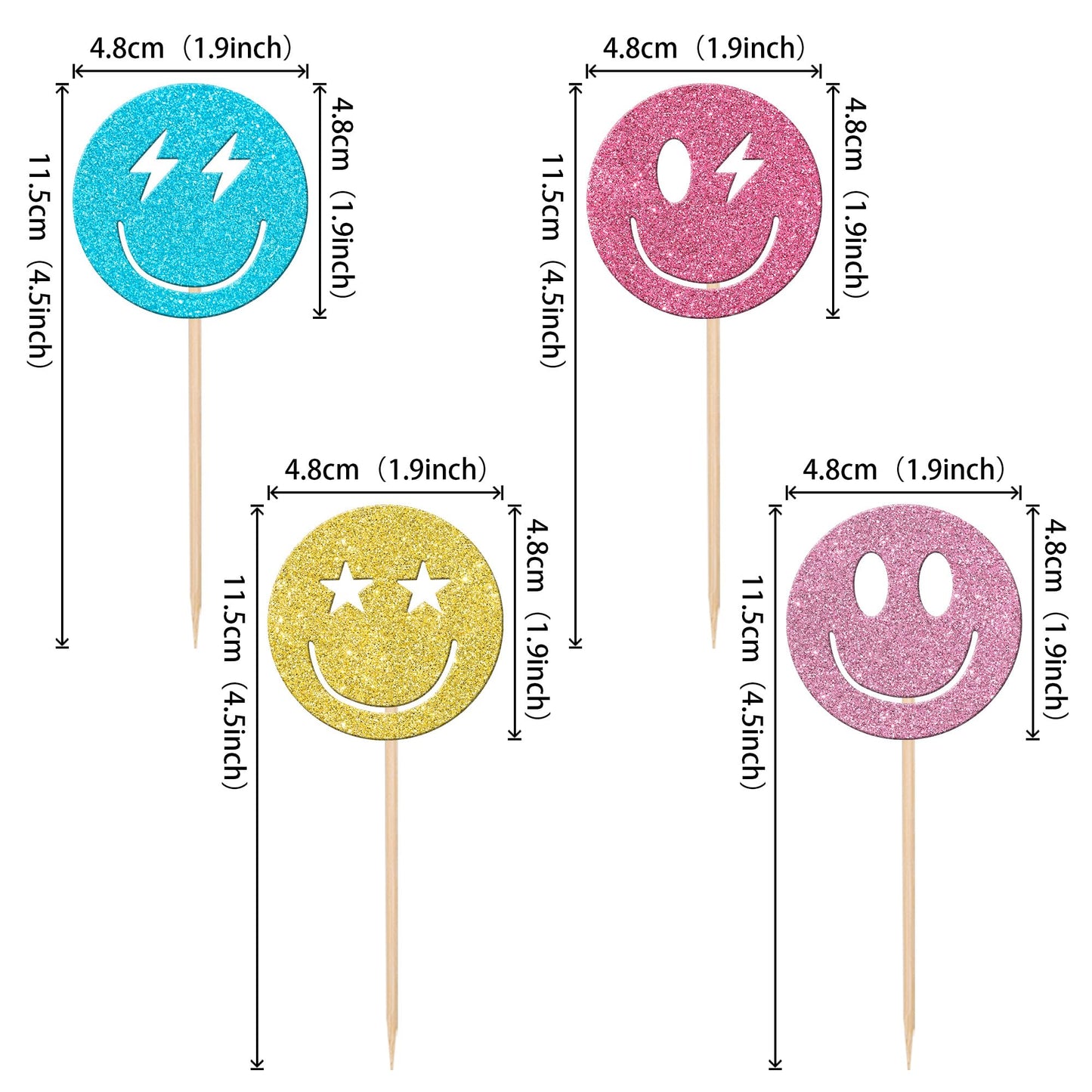 24 Pcs Preppy Smile Face Cupcake Toppers Colorful Glitter Star Lightning Y2K 2000S Pink Party Bachelorette Cupcake Picks For Pre