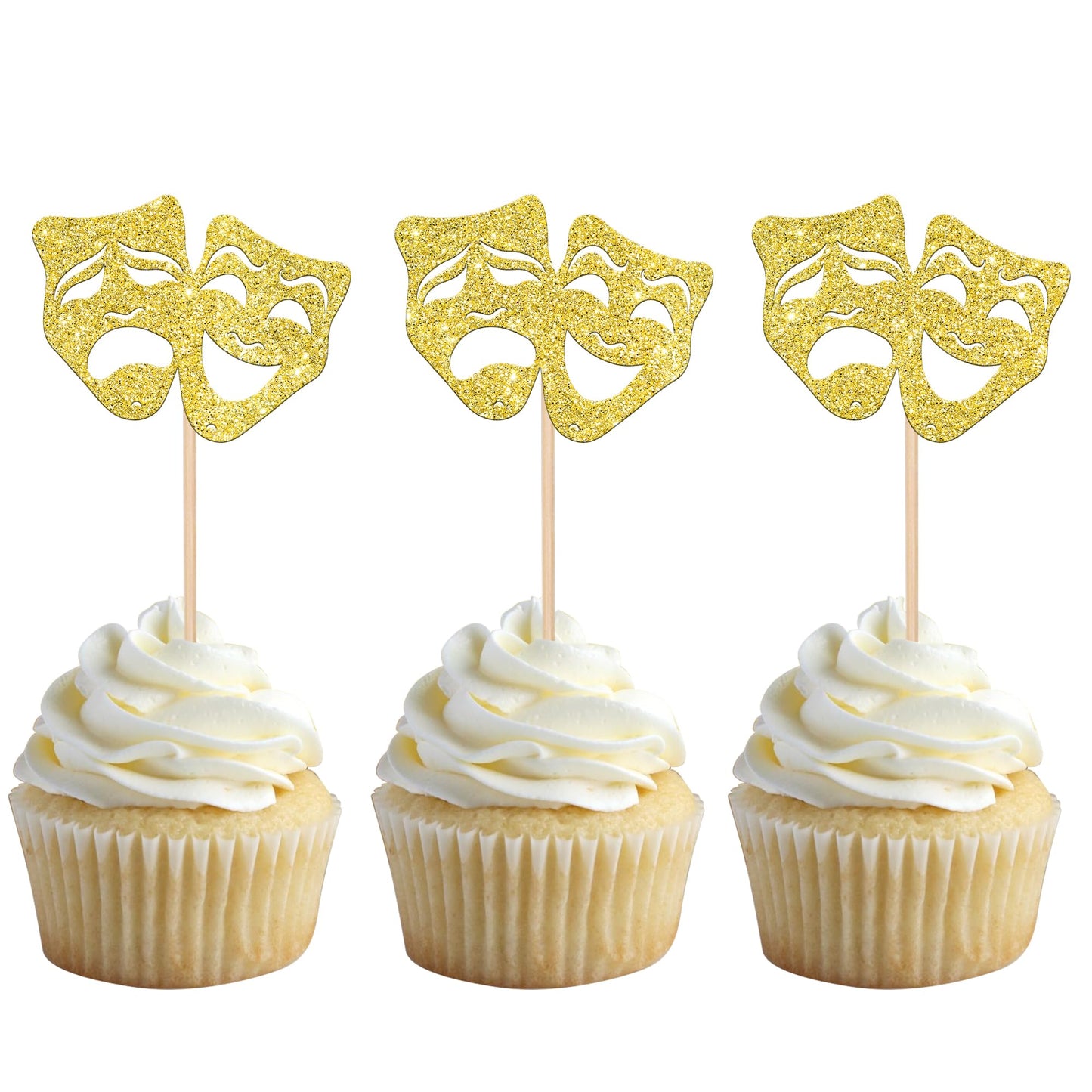 24 Pcs Theatrical Mask Cupcake Toppers Gold Glitter Comedy Movie Night Cupcake Picks Film Festival Theme Birthday Party Cake Dec