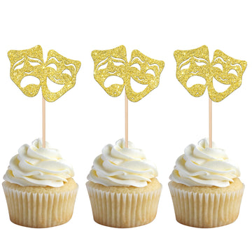 24 Pcs Theatrical Mask Cupcake Toppers Gold Glitter Comedy Movie Night Cupcake Picks Film Festival Theme Birthday Party Cake Dec