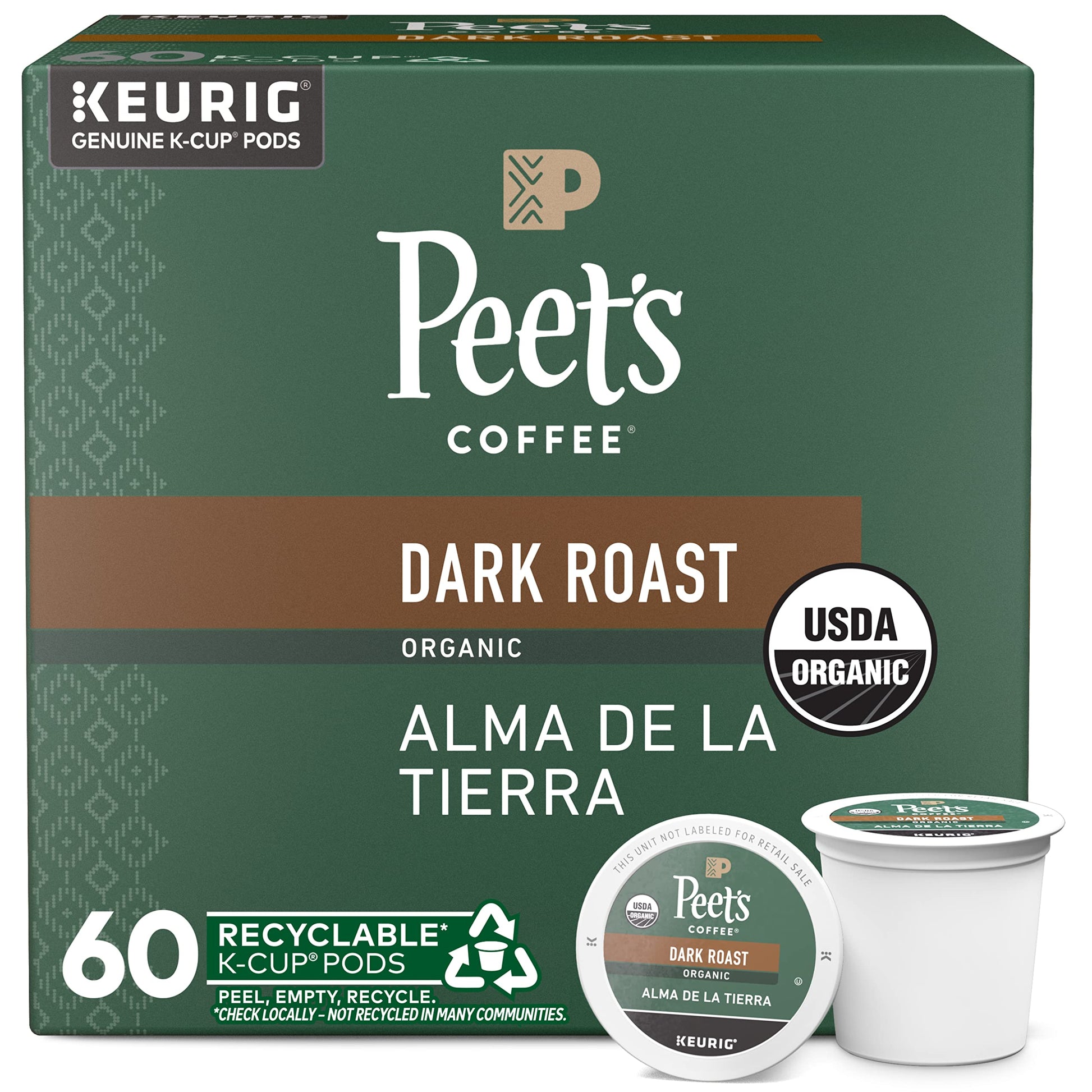 Peet s Coffee, USDA Organic Dark Roast Keurig K-Cup Pods - Alma de la Tierra 60 Count (6 Boxes of 10 Pods)