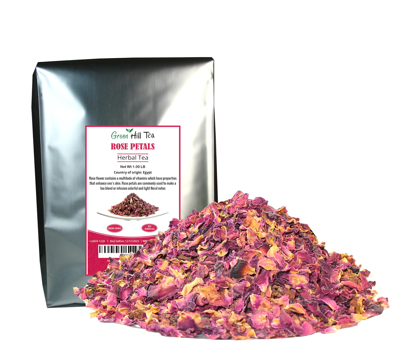 Greenhilltea Organic Rose Petals Tea - Caffeine Free Herbal Tea, 1 LB