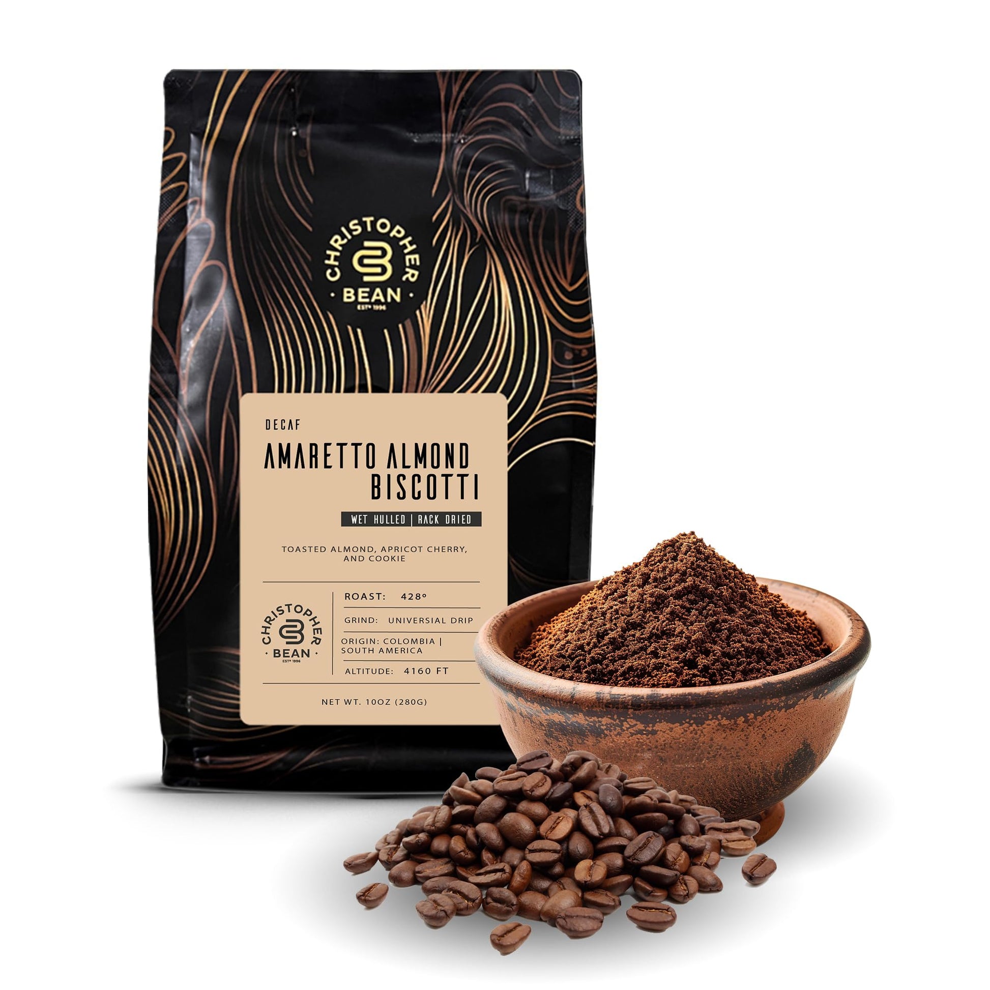Christopher Bean Coffee - Certified Kosher, Decaf Ground Universal Drip Amaretto Almond Biscotti Coffee | Amaretto Flavored Medium Roast Coffee 100% Arabica, No Sugar, No Fats, Non-Gmo | 10-Ounce