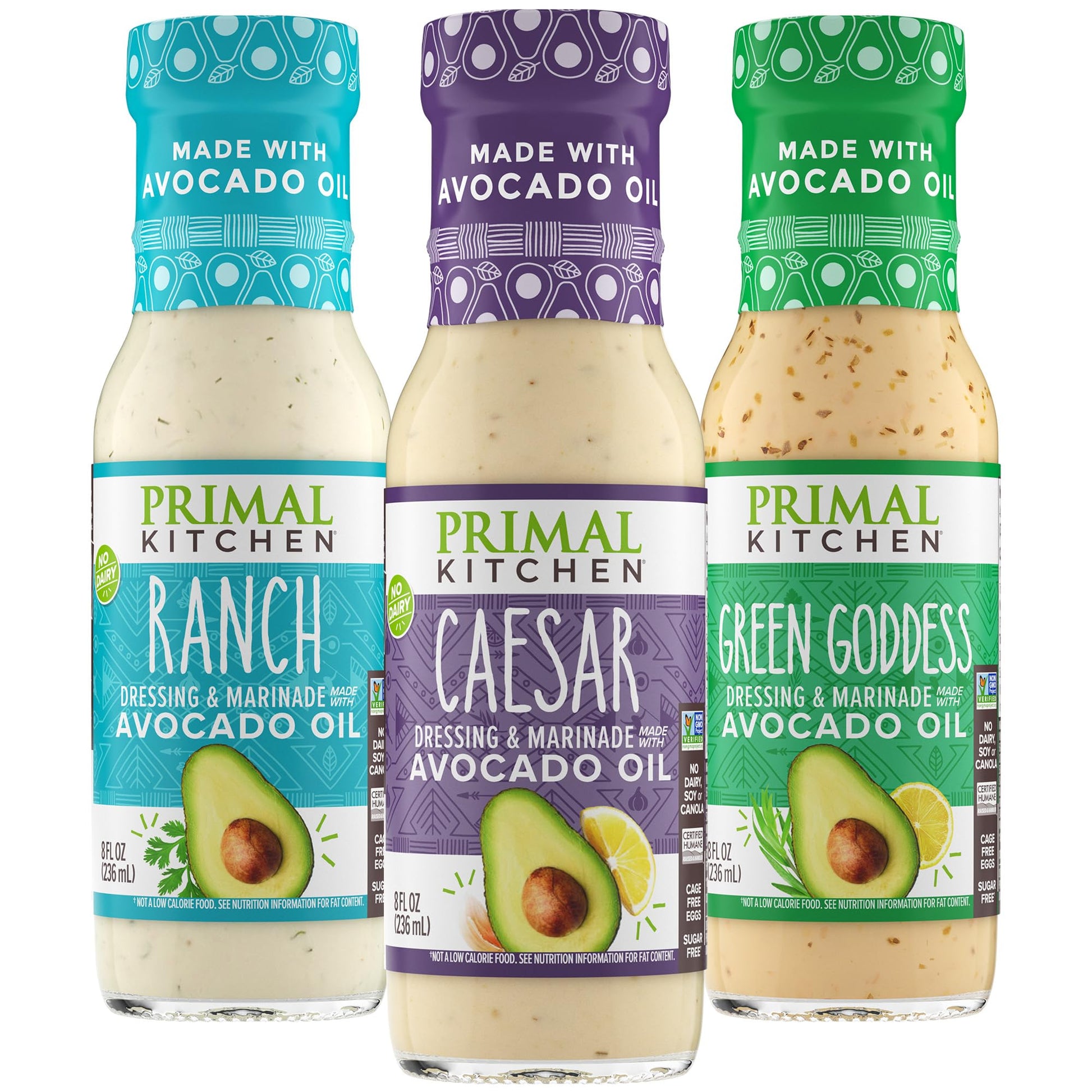 Primal Kitchen Ranch Dressing, Caesar Dressing, and Green Goddess Dressing & Marinade, Made with Avocado Oil, 8 Fluid Ounces, Va