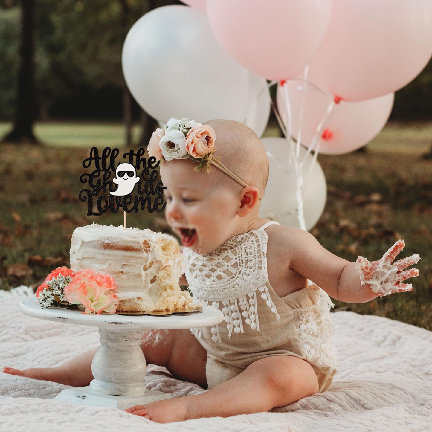 1 Pcs Halloween All The Ghoul Love Me Cake Topper Glitter Baby Ghost Halloween Cake Pick For Halloween Theme Baby Shower Kids Bi