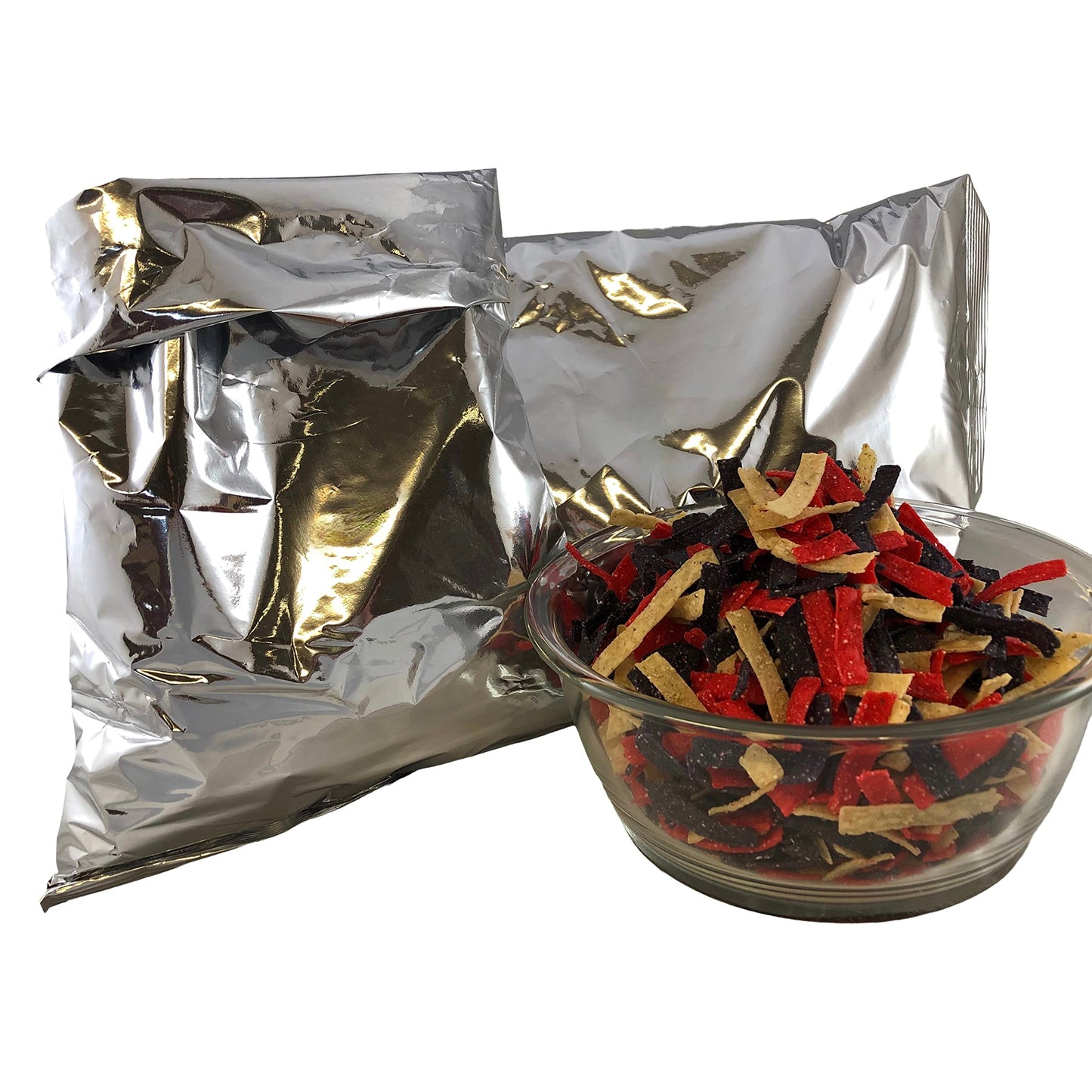 Gourmet Tri Color Tortilla Strips. Crispy Toppings For Southwest Salad And Snacking. Two 16 Ounce Stay Fresh Bag Packs