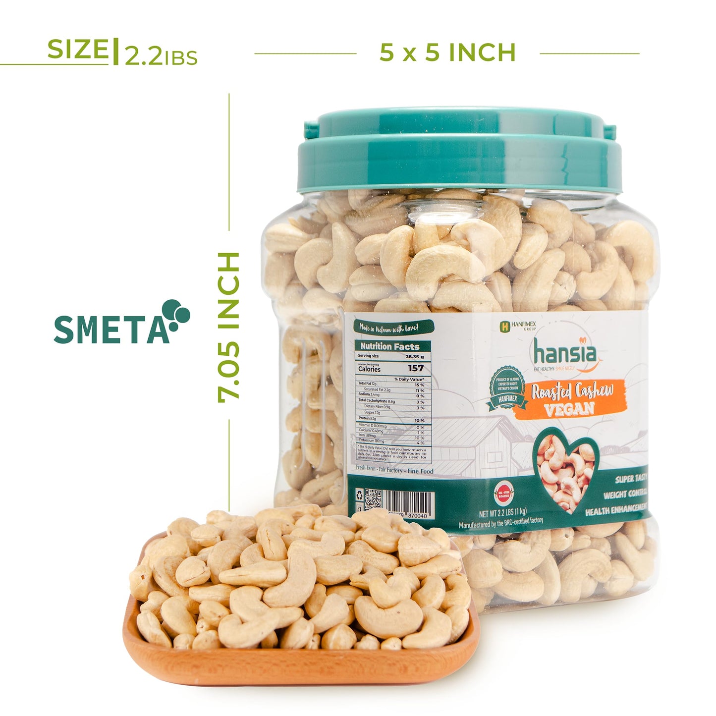 Hansia Roasted Cashew VEGAN, Dry Roasted Unsalted Superfood, Fresh, Healthy, Low Sodium Snacks, Rich of Protein & Natural Fiber,
