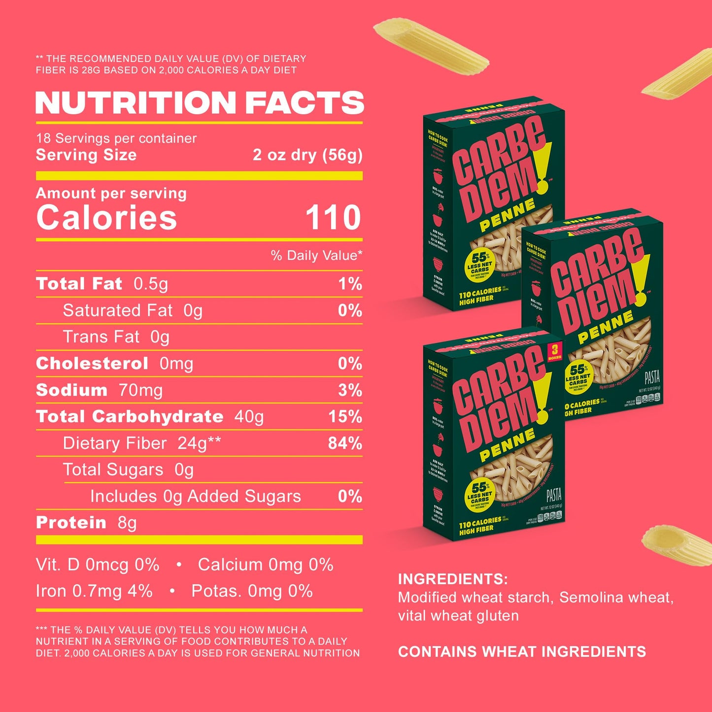 CARBE DIEM Penne Pasta, 8g Protein, 55% Fewer Net Carbs, 110 Calories, 12oz (Pack of 3)