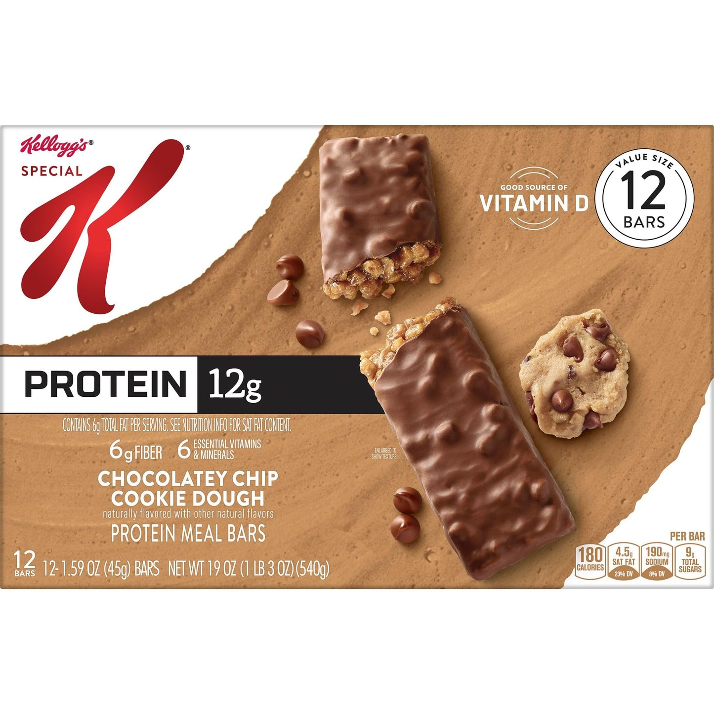 Kelloggs Special K Protein Bars, Meal Replacement, Protein Snacks, Value Size, Chocolatey Chip Cookie Dough, 19 oz (1 Pack 12 C