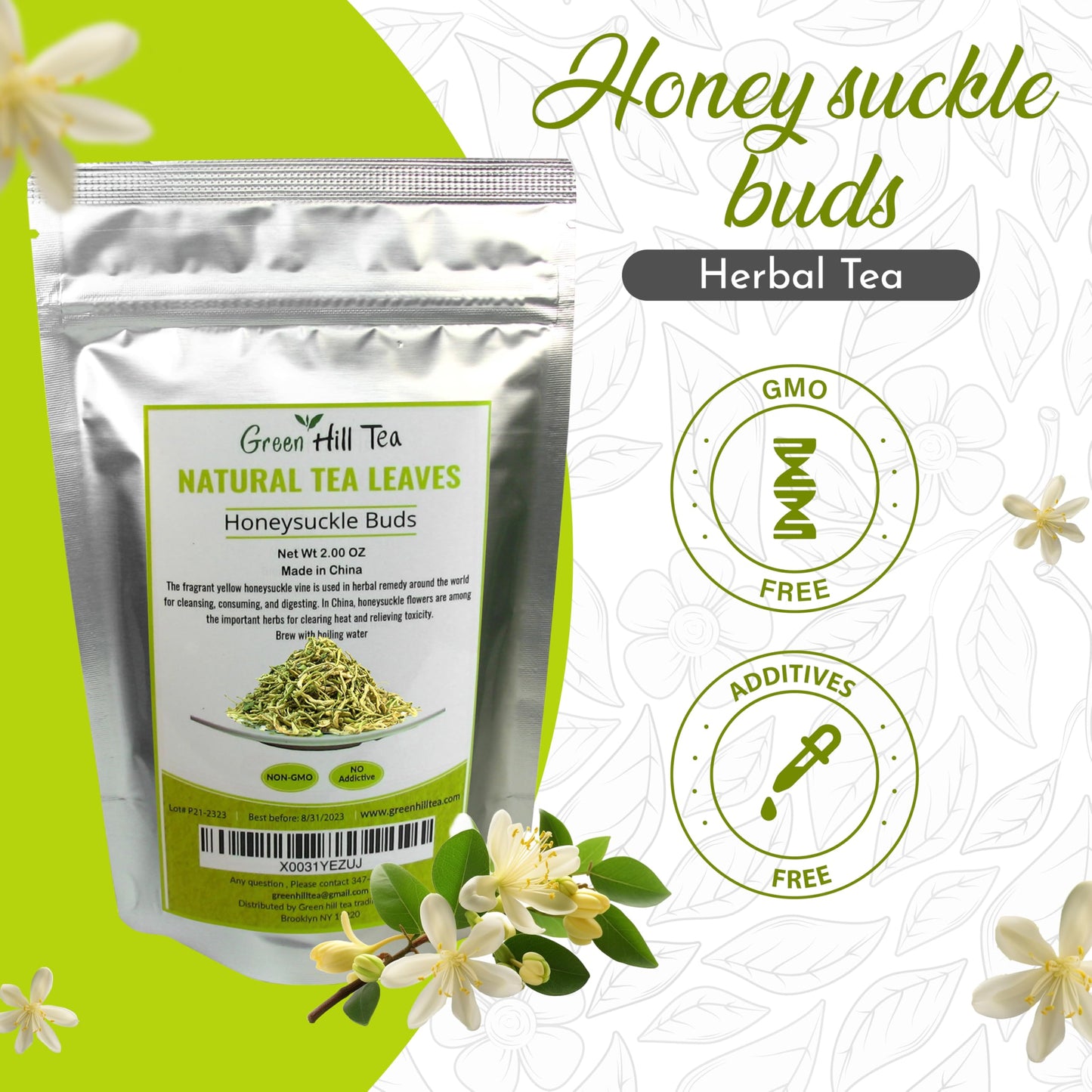 Greenhilltea traditional health herbs 2 OZ (56grams)  Honey suckle dried herbal tea honeysuckle buds  100% Natural  Caffeine free