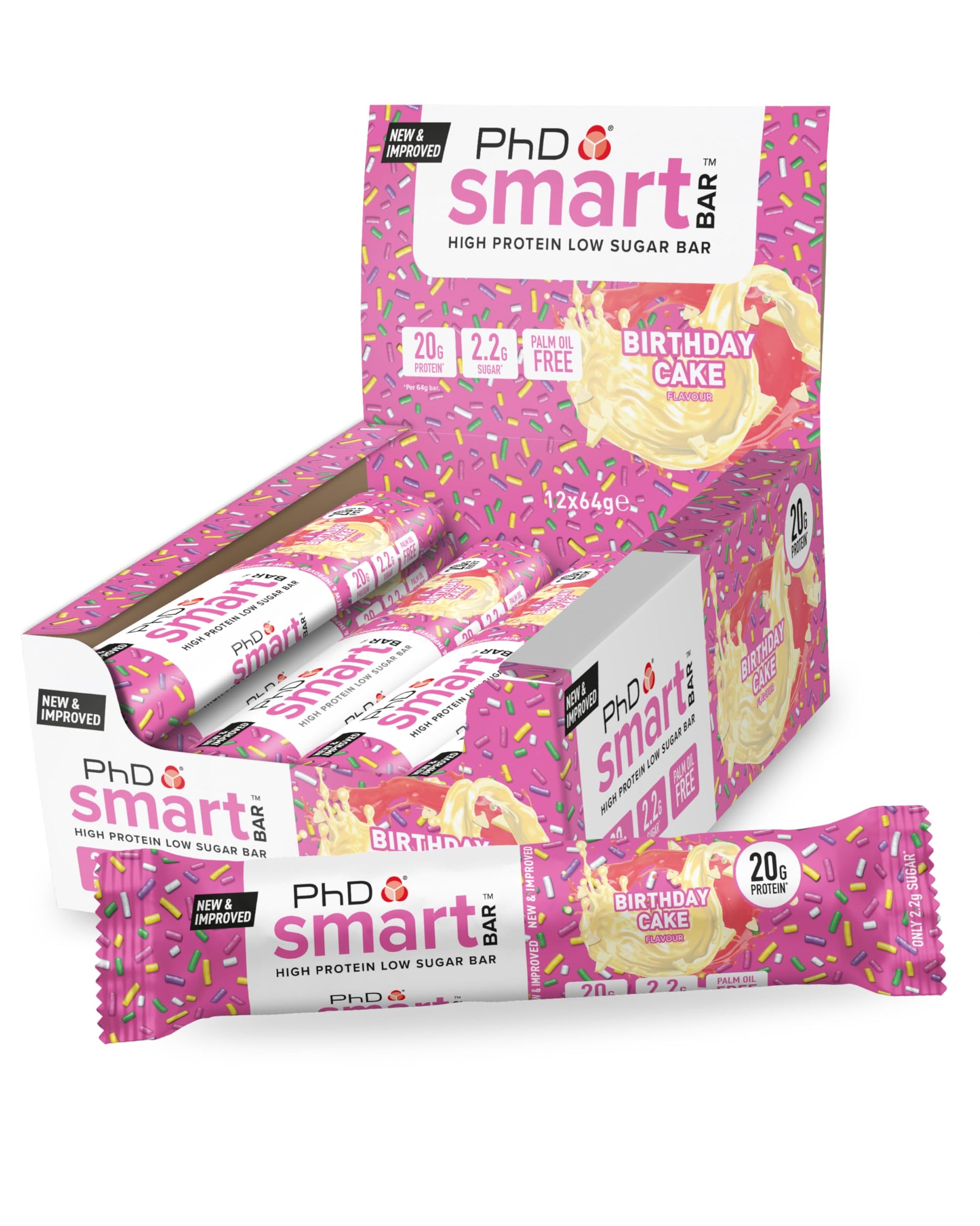 PhD Smart Bar-High Protein Low Sugar Bar, Birthday Cake, 64 g, Pack of 12