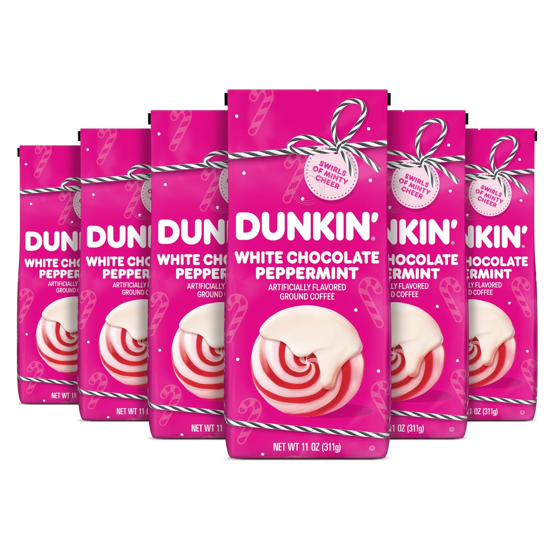 Dunkin White Chocolate Peppermint Artificially Flavored Ground Coffee, 11 oz. Bag, 6 Count