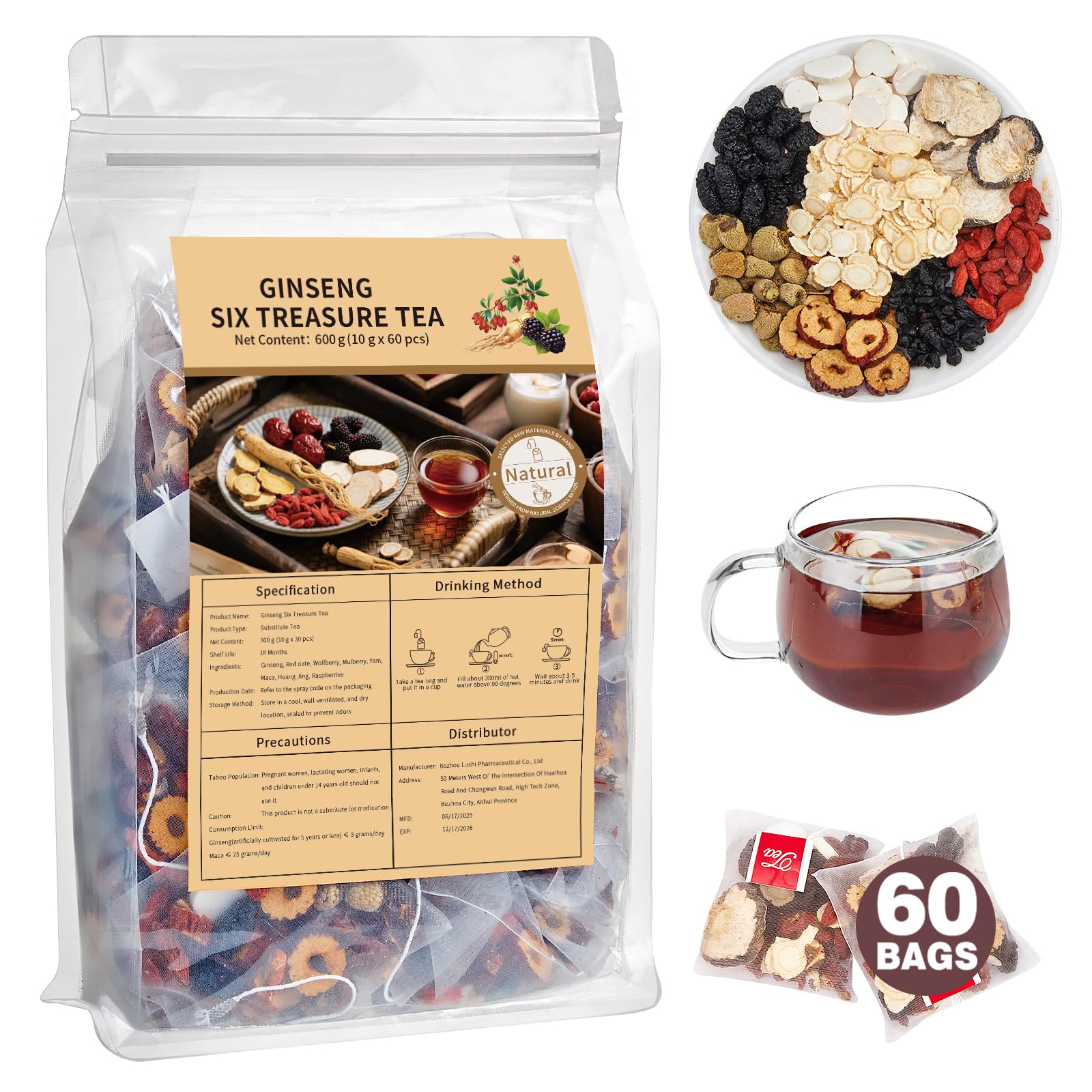 Kidney Tea Formula Ginseng Six Treasure Tea  Ginseng & Mulberry Herbal Tea  Kidney Cleanse Detox & Repair  Traditional Chinese Herbal Tea Bags  Five Treasures Teas For Men Women (60 Bags/1 Pack)