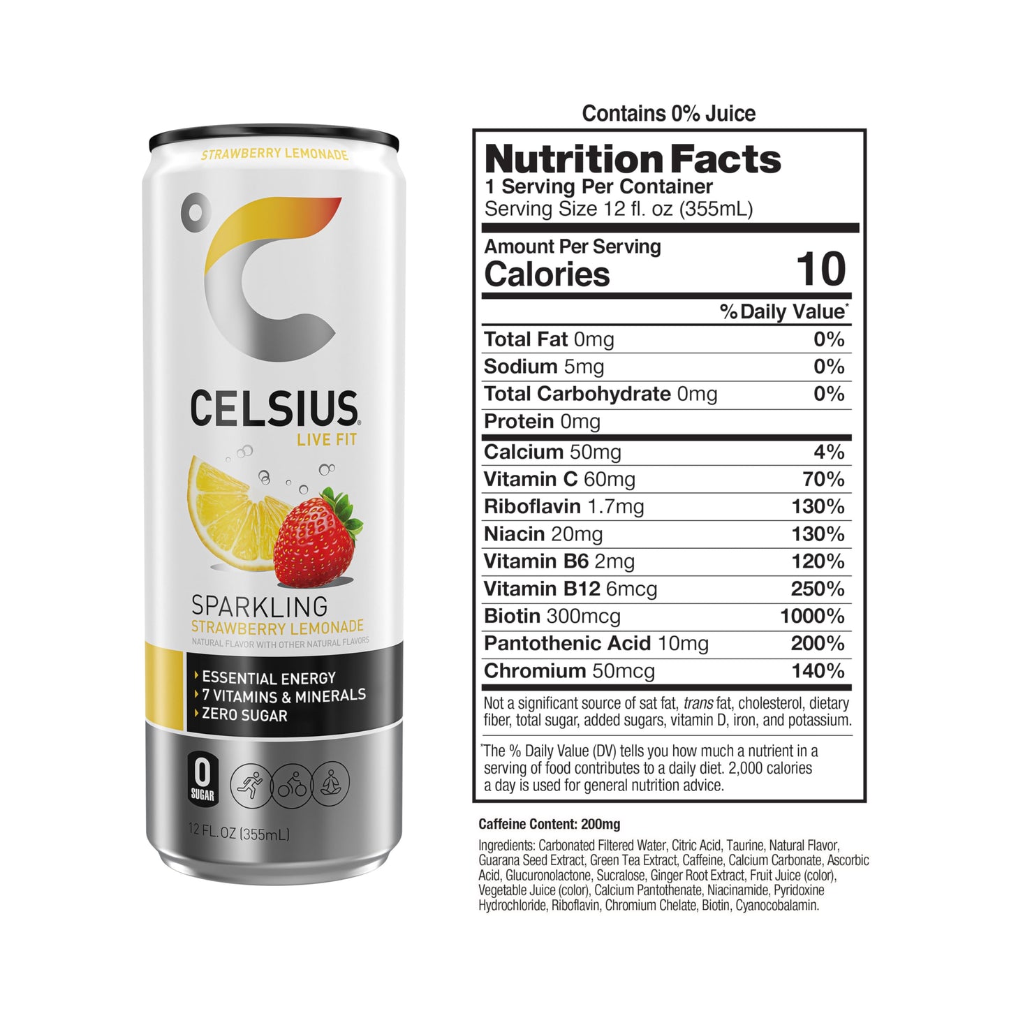 CELSIUS Sparkling Energy Drink, Strawberry Lemonade Flavor, 12 Fl Oz, Pack of 12, Model FGSS1254