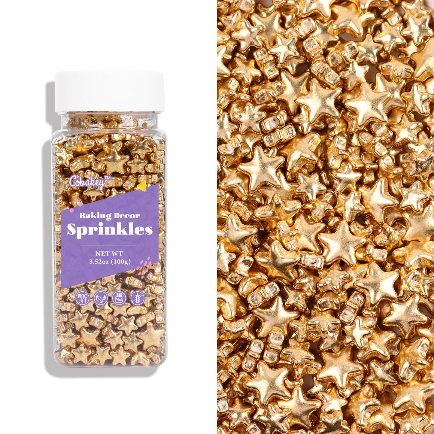 Cobakey Bright Gold Sprinkles For Cake Decorations 100G/ 3.52Oz Star Metallic Pearl Sugar Sprinkles For Cupcake Toppers Wedding