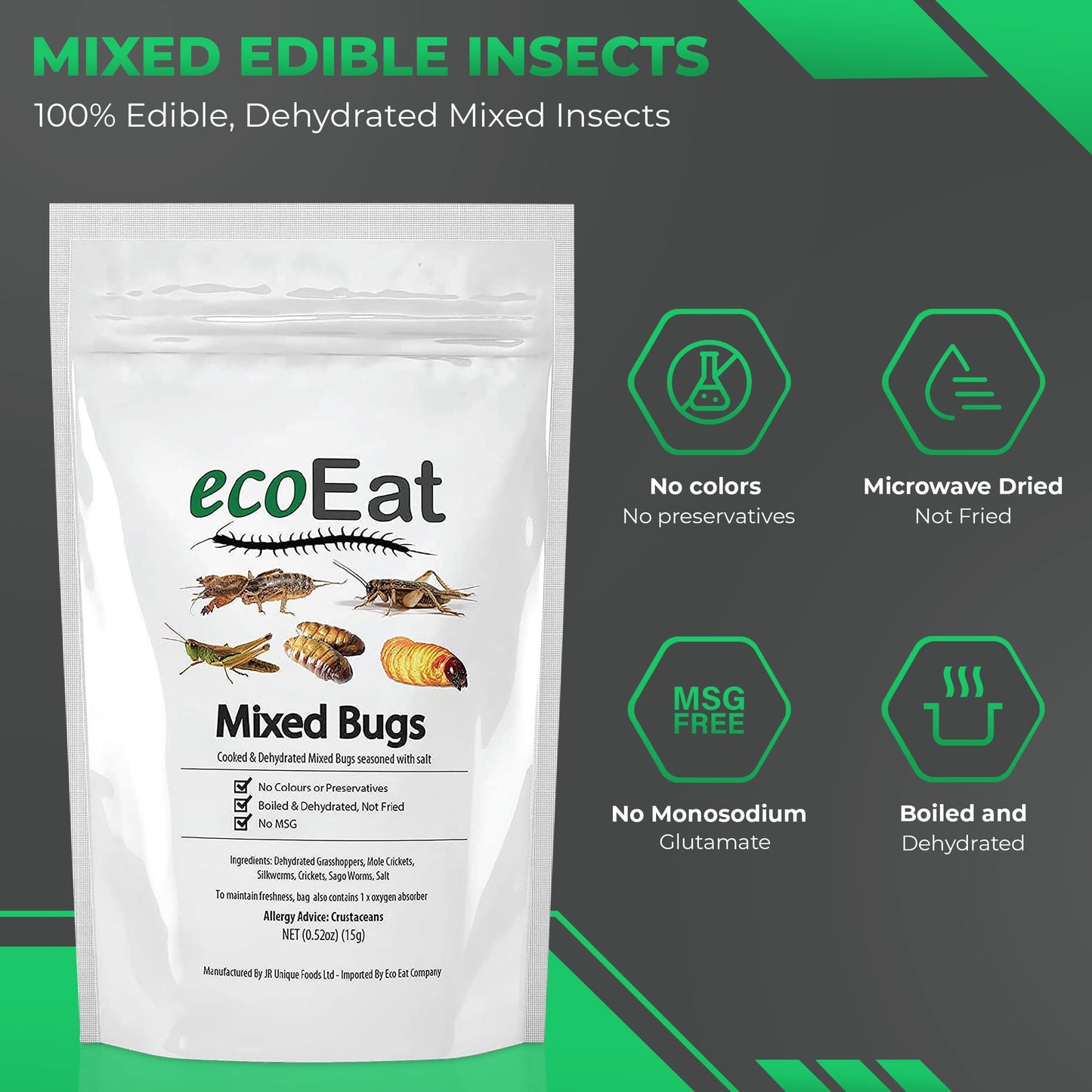 Ecoeat Mixed Edible Insects - Edible Bugs Edible Dehydrated Not Fried - Mixed Bugs (Dehydrated Grasshoppers, Mole Crickets, Silk