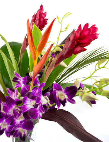 Fresh Orchids And Tropical Flower Bouquet, Purple Orchids, Red Ginger, Heliconia, Mixed Foliage, Hawaiian - Prime Quality - Perf