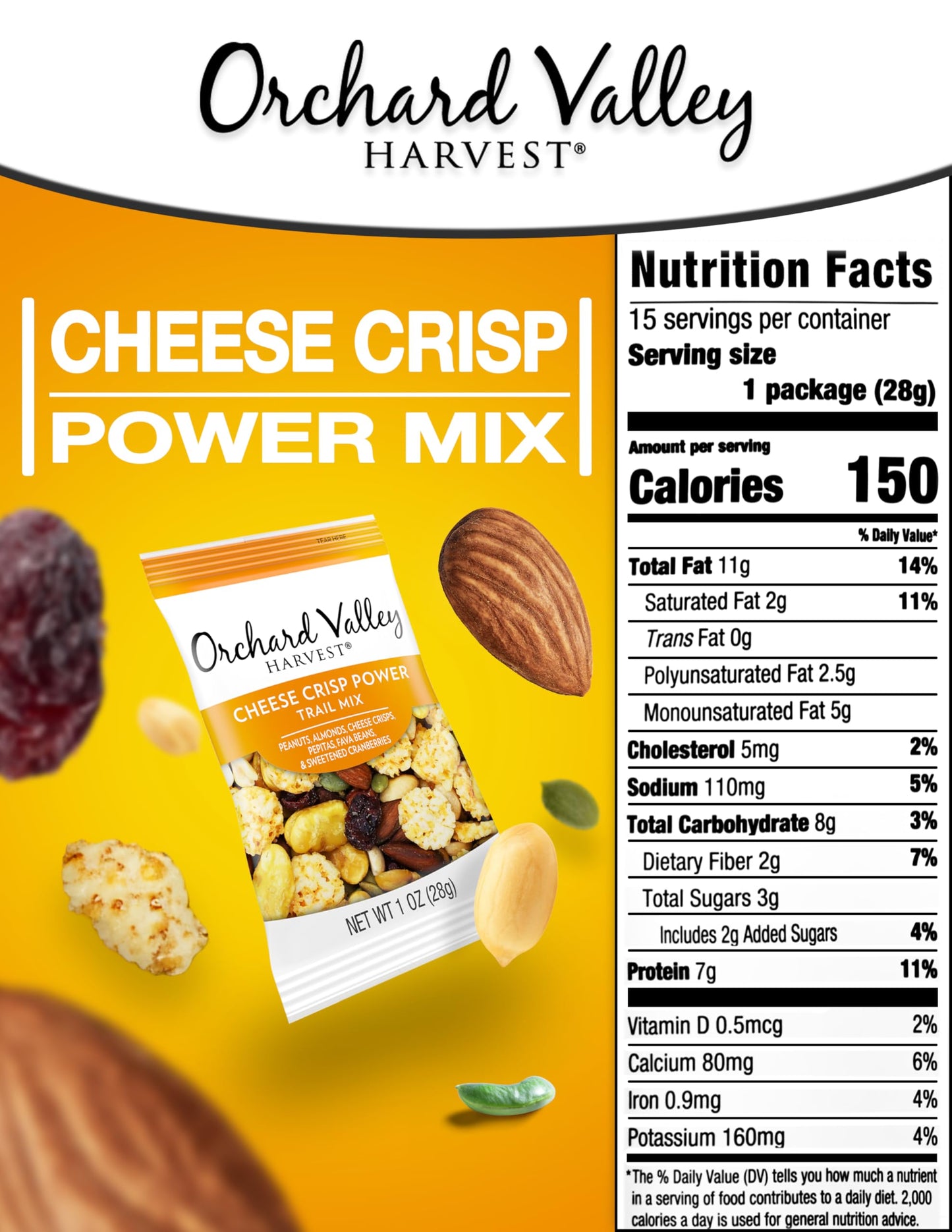 Orchard Valley Harvest Cheese Crisp Power Trail Mix, 1 oz Bags (15 count), Snack Packs, 7g Protein per serving, Trail Mix Indivi