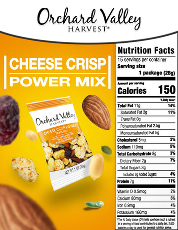 Orchard Valley Harvest Cheese Crisp Power Trail Mix, 1 oz Bags (15 count), Snack Packs, 7g Protein per serving, Trail Mix Indivi