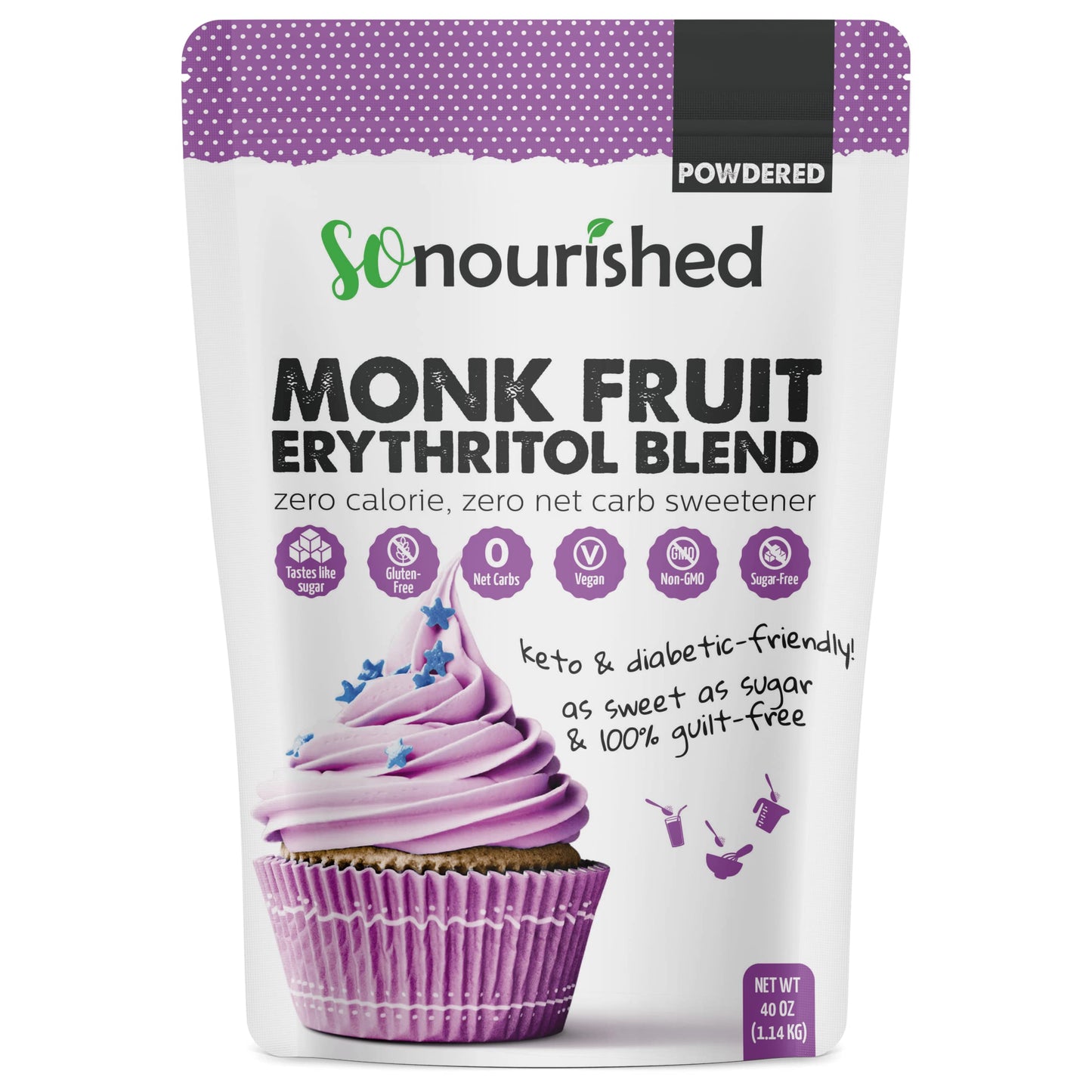 So Nourished Powdered Monk Fruit Sweetener With Erythritol  1:1 Sugar Substitute  Keto  0 Calorie  0 Net Carb  Non-Gmo (2.5 Pounds)