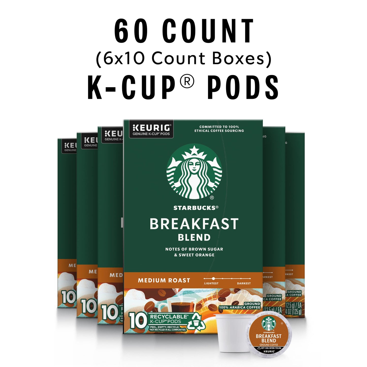 Starbucks K-Cup Coffee Pods, Medium Roast Breakfast Blend, 60 Pods, 100% Arabica, Compatible with Keurig malt-inspired