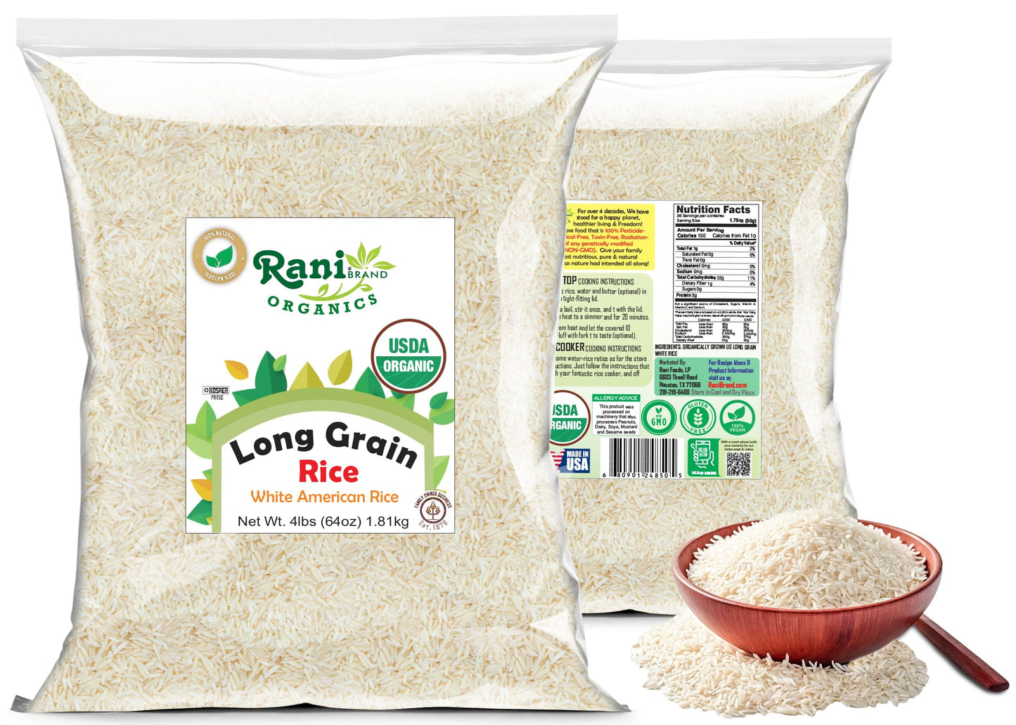 Rani Organic Long Grain White Rice 64Oz (4Lbs) 1.81Kg Bulk ~ All Natural | Gluten Friendly | Vegan | Non-Gmo | Kosher | Product