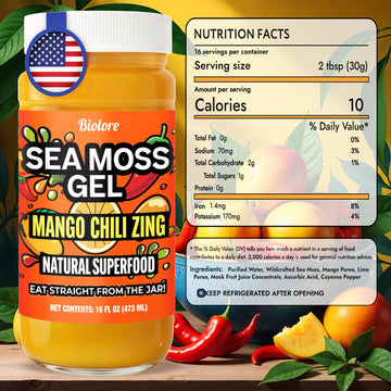 Biolore Mango Chili Zing Sea Moss Gel 16 Oz - No Added Sugar, Vegan, Made In Usa - Wildcrafted Sea Moss Superfood With 92 Essential Vitamins - Ready To Use, No Prep Needed