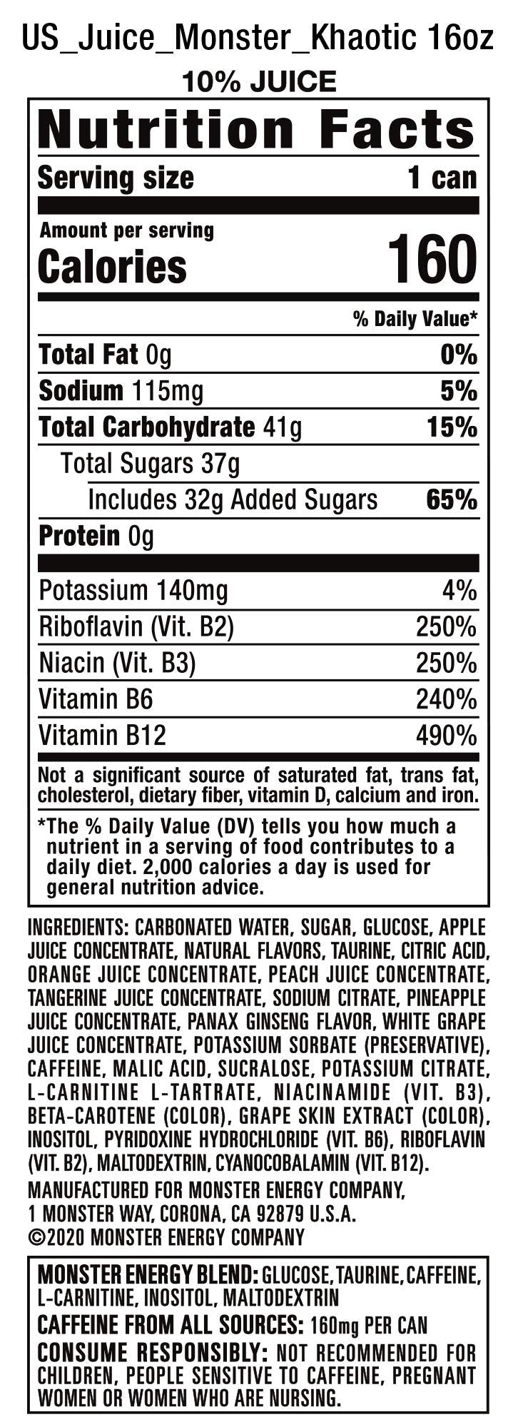 Monster Energy Juice Monster Khaotic, Energy + Juice, 16 Ounce (Pack of 24)