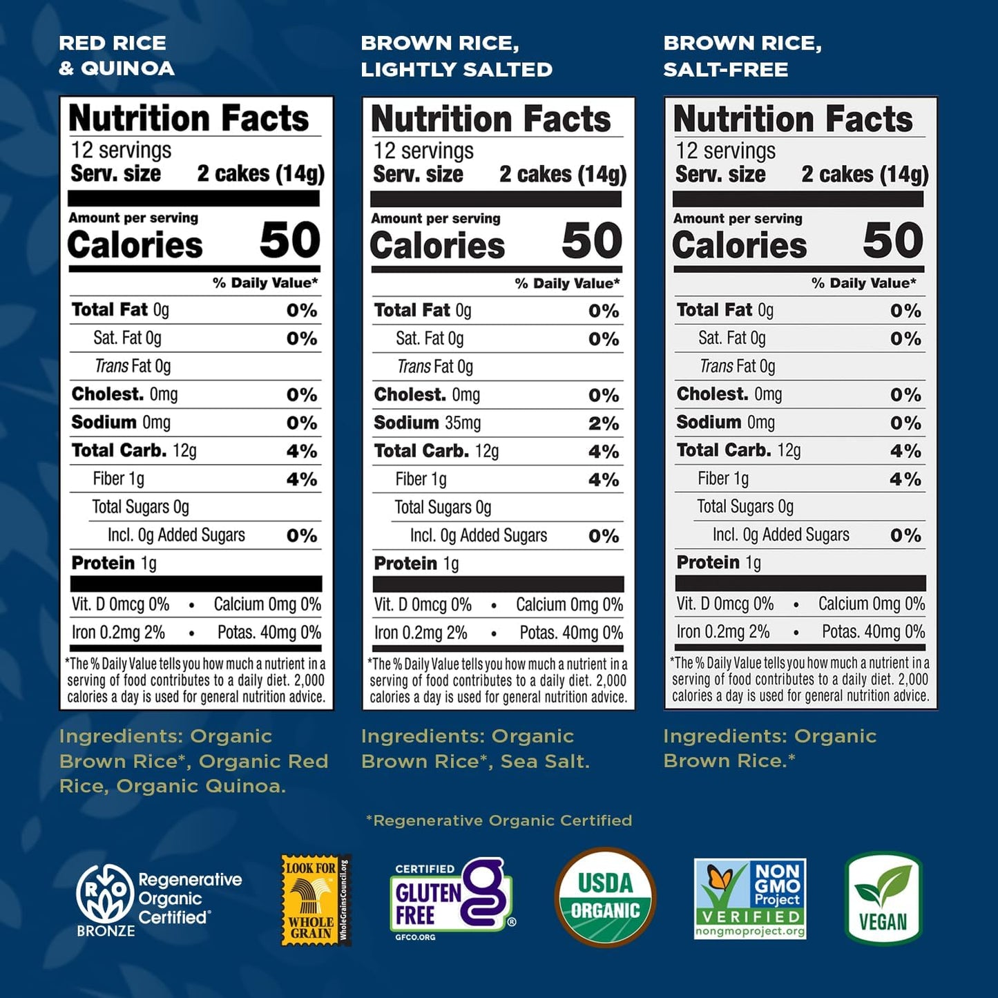 Lundberg Thin Brown Rice Cakes Variety 3-Pack - Regenerative Organic Certified Lightly Salted  Salt-Free  and Red Rice & Quinoa (Salt-Free)  Healthy Snacks  6 Oz Ea