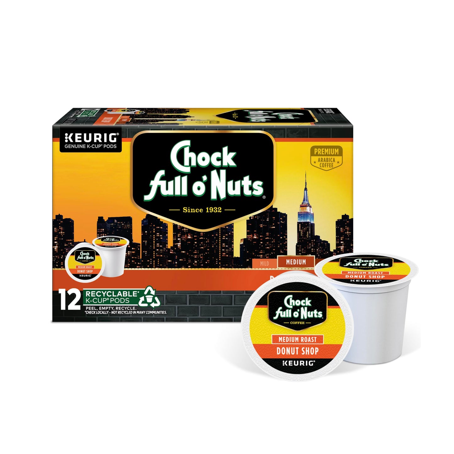 Chock Full o Nuts Donut Shop Coffee K-Cup Pods, 12 Count, Single-Serve Cups