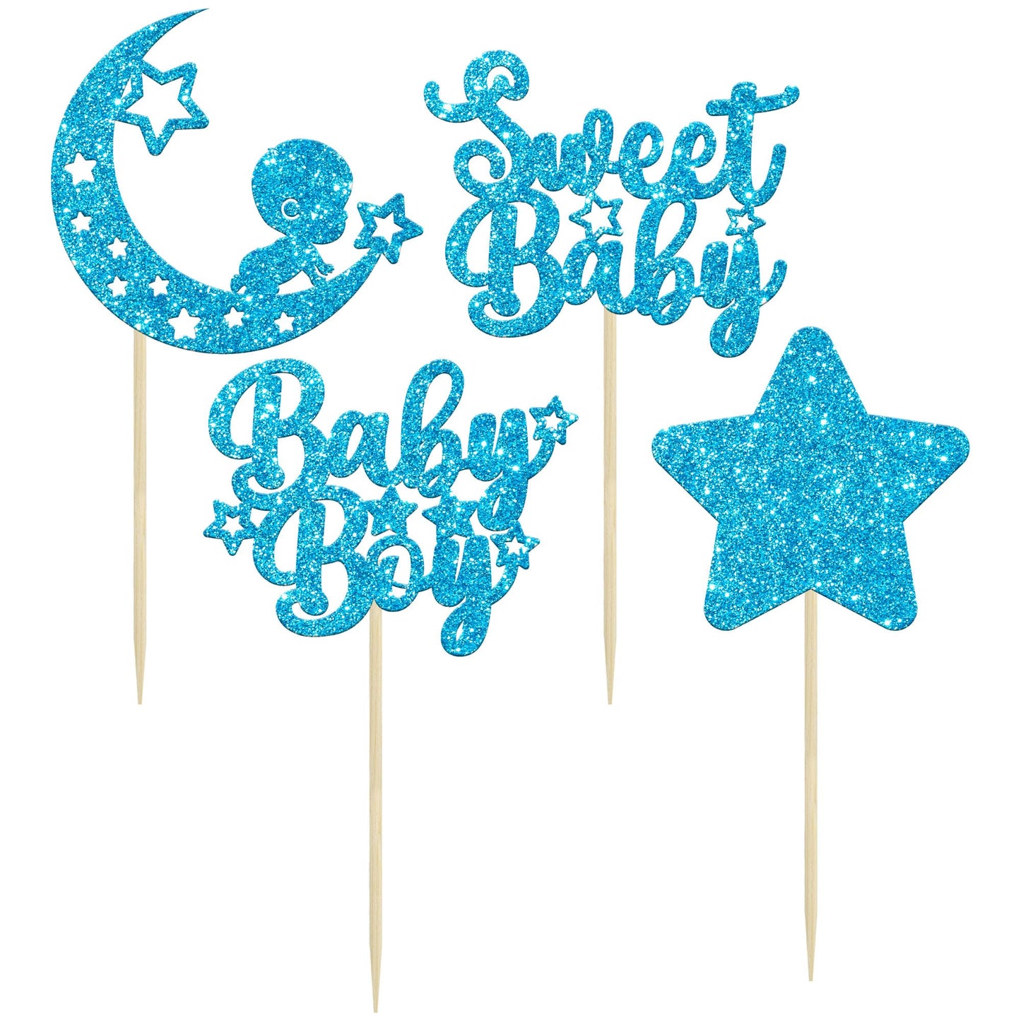 Gyufise 24Pcs Blue Glitter Baby Boy Cupcake Toppers Star Moon Sweet Baby Babyshower Boy Cupcake Picks For Baby Shower Boys Birth