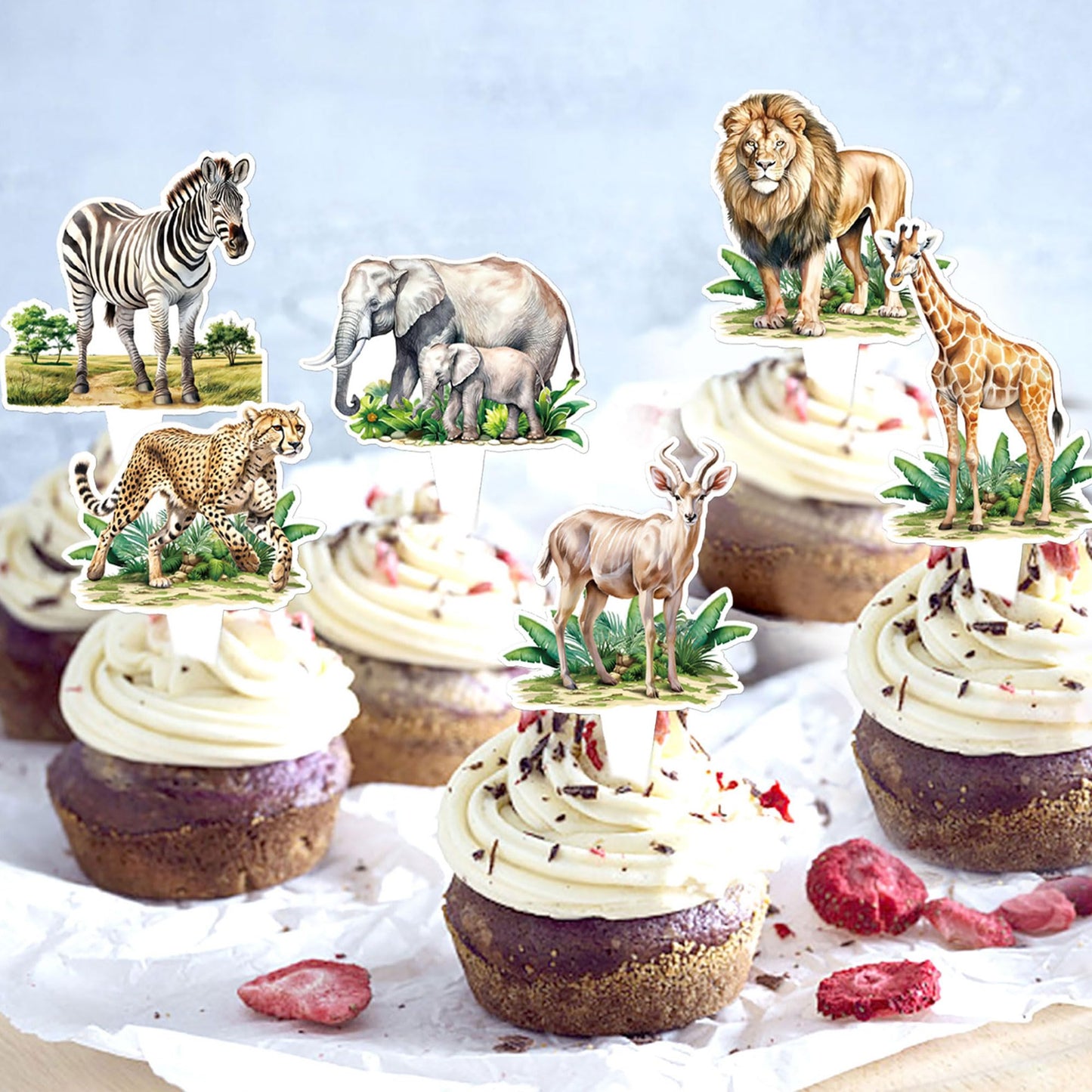 Cyodoos 24Pcs Jungle Safari Animal Cupcake Toppers,Selected Jungle Themed Children'S Party Birthday And Baby Shower Cake Decorat