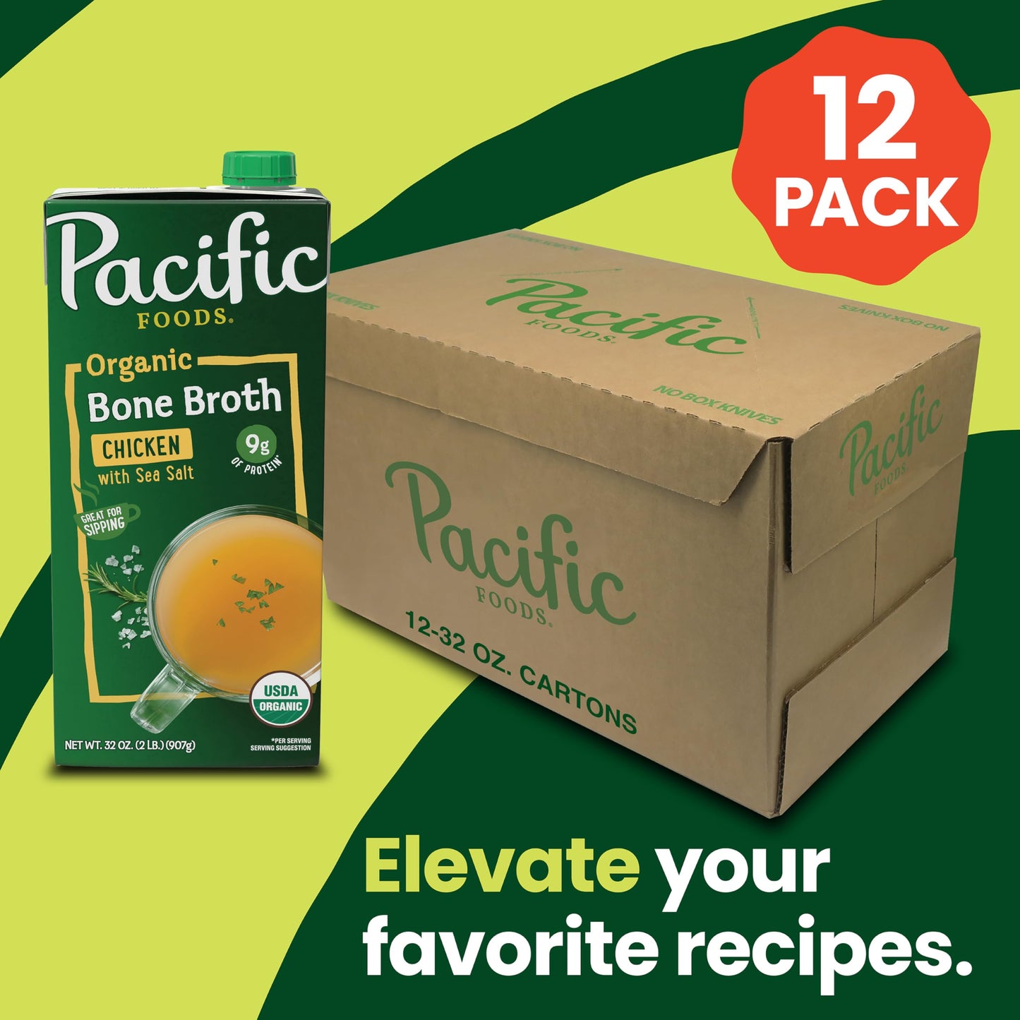Pacific Foods Organic Chicken Bone Broth, Sea Salt, 32 Fl Oz (Pack of 12), Natural, Model 5612