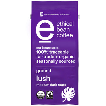 Ethical Bean Fairtrade Organic Coffee, Lush Medium Dark Roast, Ground Coffee Beans- 100% Arabica Coffee (8 Oz Bag), 0.5 Pound (P