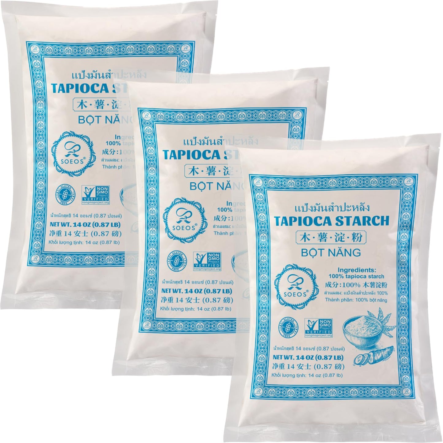 Soeos Tapioca Flour Starch, 14 Ounce (Pack of 3), All Natural Tapioca Starch for Baking, Cooking & Boba Pearls, Thickens and Enh