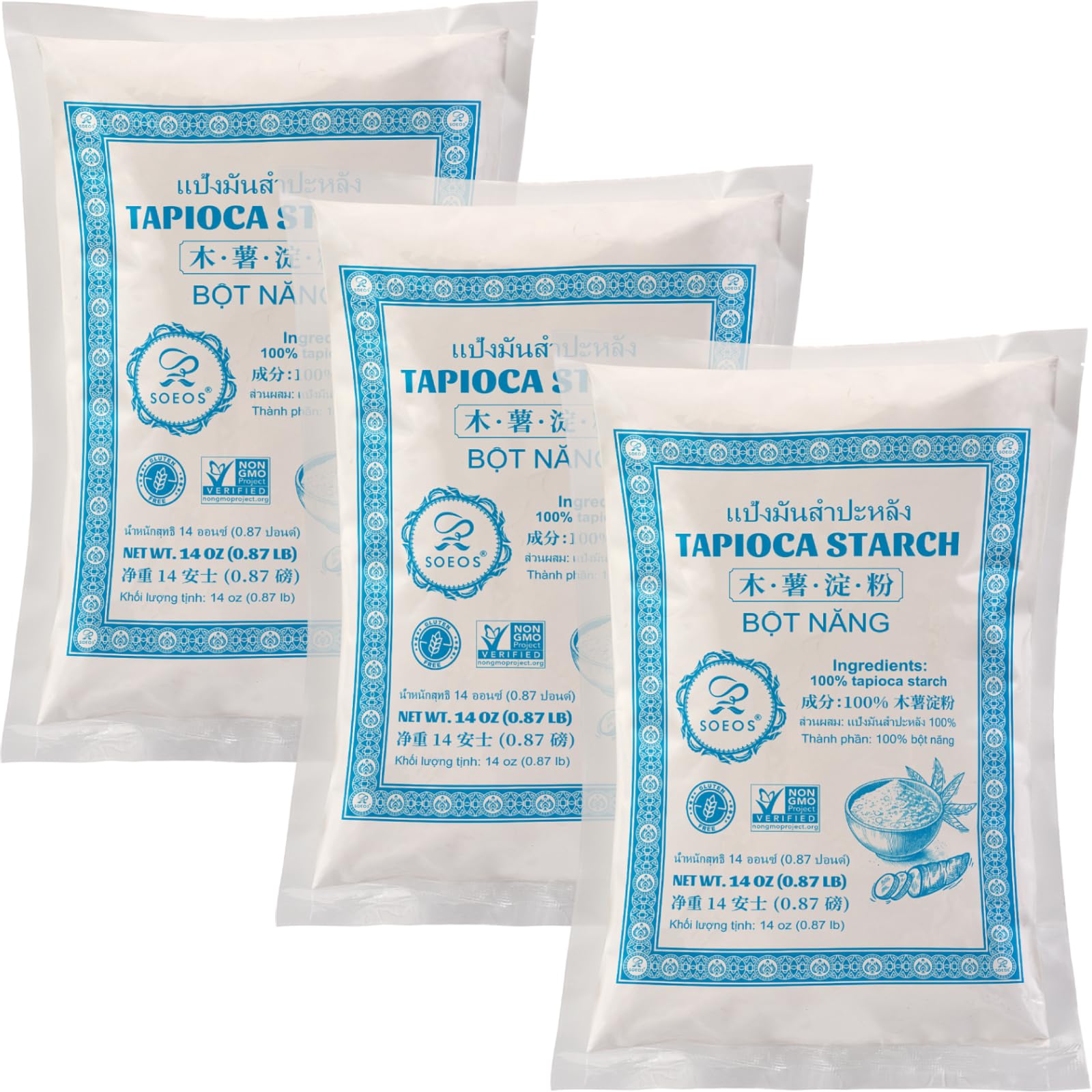 Soeos Tapioca Flour Starch, 14 Ounce (Pack of 3), All Natural Tapioca Starch for Baking, Cooking & Boba Pearls, Thickens and Enh